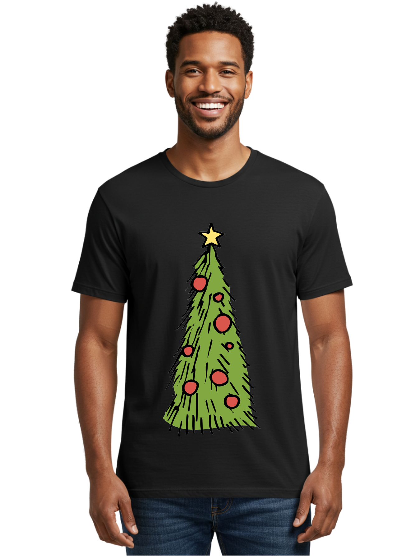 Christmas-Tree-2 Men'S Graphic Tee, 100% Cotton, Comfortable Casual Summer Wear, Machine Washable, Christmas Tree, Festive Decorations, Red Ornaments, Yellow Star, Holiday Season, Winter Wonderland, Cartoon Illustration, Simple Design - Aaa823