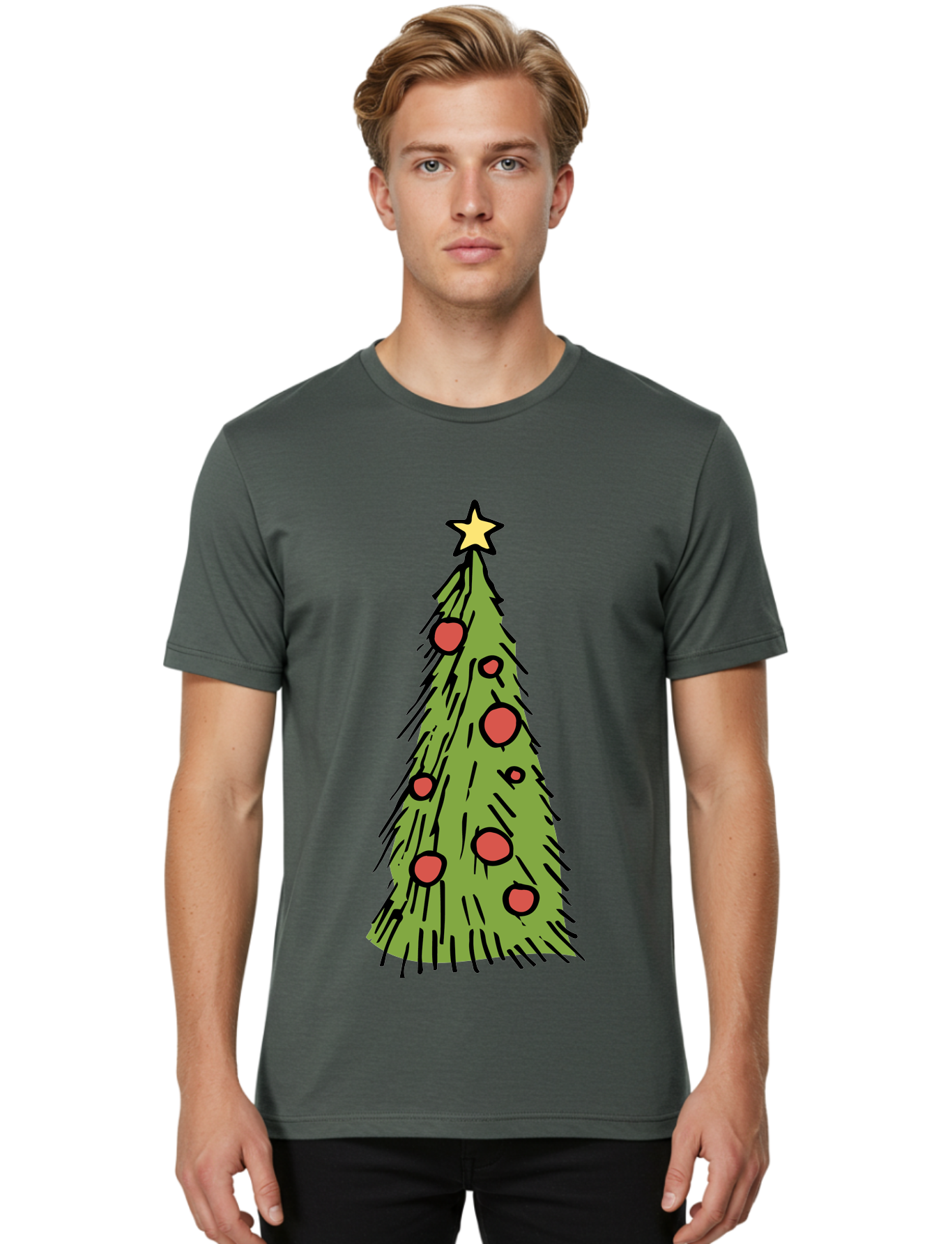Christmas-Tree-2 Men'S Graphic Tee, 100% Cotton, Comfortable Casual Summer Wear, Machine Washable, Christmas Tree, Festive Decorations, Red Ornaments, Yellow Star, Holiday Season, Winter Wonderland, Cartoon Illustration, Simple Design - Aaa823