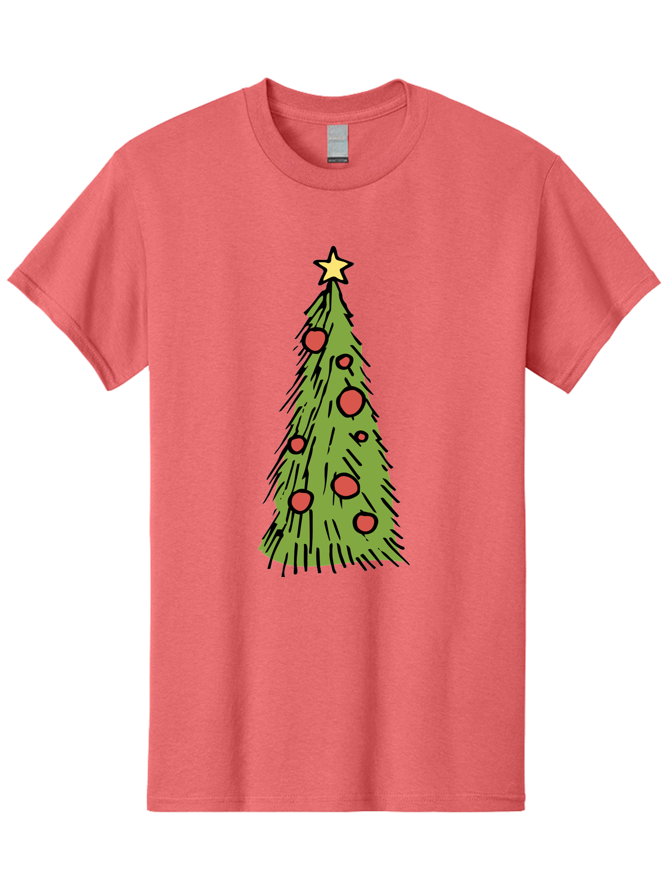 Christmas-Tree-2 Men'S Graphic Tee, 100% Cotton, Comfortable Casual Summer Wear, Machine Washable, Christmas Tree, Festive Decorations, Red Ornaments, Yellow Star, Holiday Season, Winter Wonderland, Cartoon Illustration, Simple Design - Aaa823