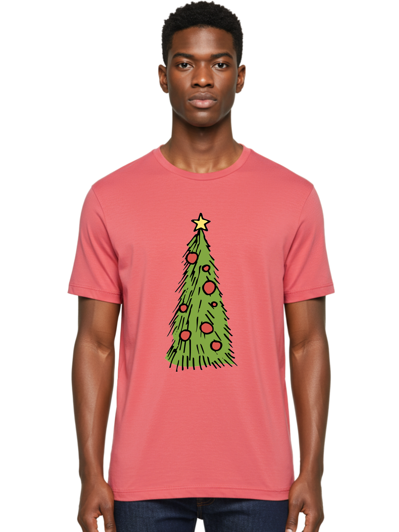 Christmas-Tree-2 Men'S Graphic Tee, 100% Cotton, Comfortable Casual Summer Wear, Machine Washable, Christmas Tree, Festive Decorations, Red Ornaments, Yellow Star, Holiday Season, Winter Wonderland, Cartoon Illustration, Simple Design - Aaa823