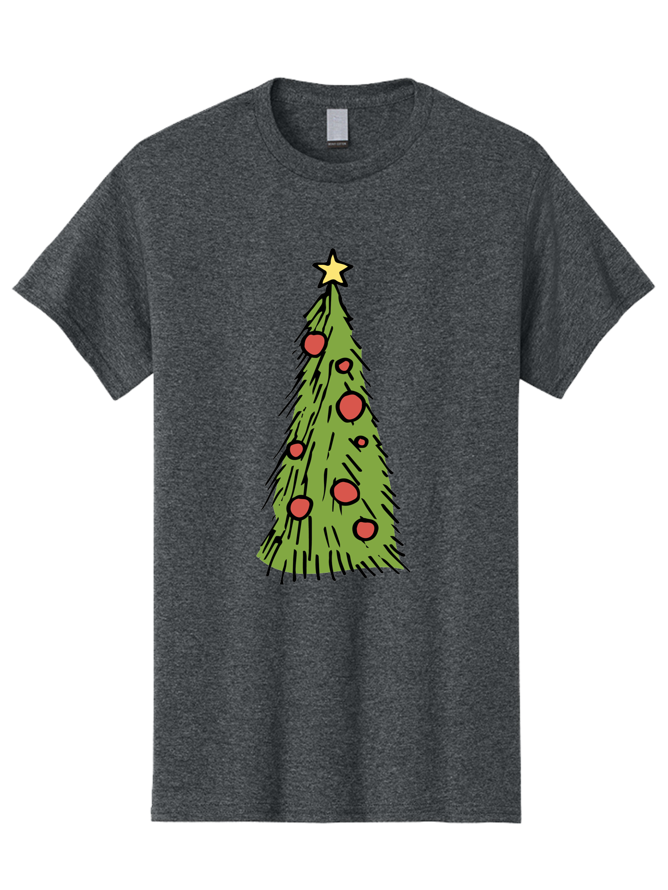 Christmas-Tree-2 Men'S Graphic Tee, 100% Cotton, Comfortable Casual Summer Wear, Machine Washable, Christmas Tree, Festive Decorations, Red Ornaments, Yellow Star, Holiday Season, Winter Wonderland, Cartoon Illustration, Simple Design - Aaa823