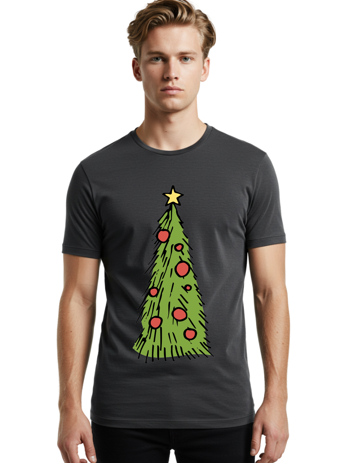 Christmas-Tree-2 Men'S Graphic Tee, 100% Cotton, Comfortable Casual Summer Wear, Machine Washable, Christmas Tree, Festive Decorations, Red Ornaments, Yellow Star, Holiday Season, Winter Wonderland, Cartoon Illustration, Simple Design - Aaa823