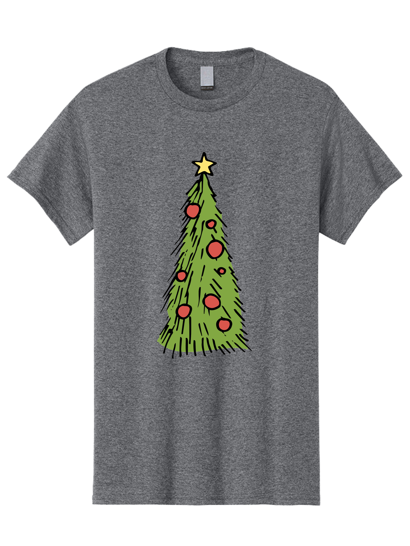 Christmas-Tree-2 Men'S Graphic Tee, 100% Cotton, Comfortable Casual Summer Wear, Machine Washable, Christmas Tree, Festive Decorations, Red Ornaments, Yellow Star, Holiday Season, Winter Wonderland, Cartoon Illustration, Simple Design - Aaa823
