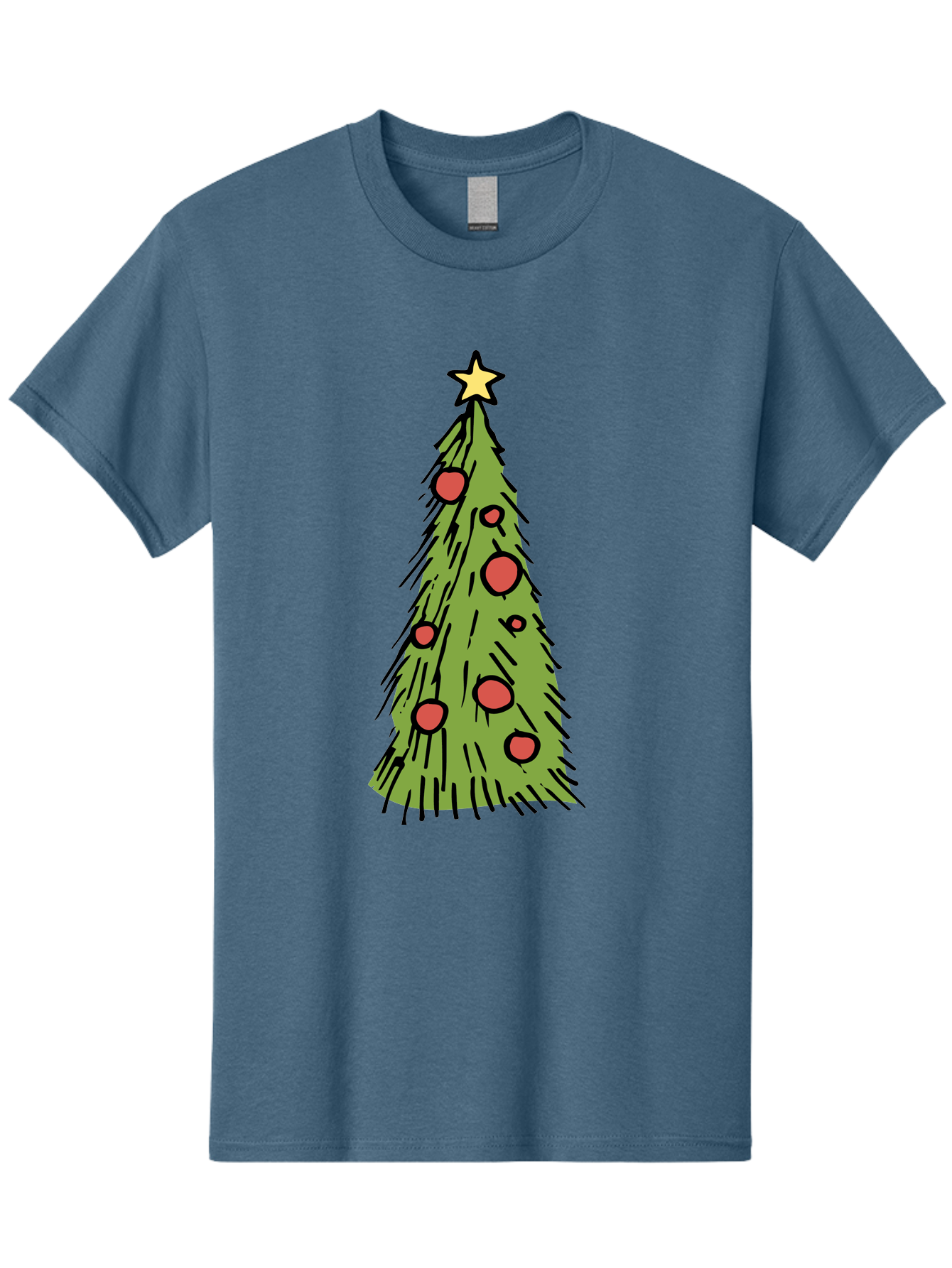 Christmas-Tree-2 Men'S Graphic Tee, 100% Cotton, Comfortable Casual Summer Wear, Machine Washable, Christmas Tree, Festive Decorations, Red Ornaments, Yellow Star, Holiday Season, Winter Wonderland, Cartoon Illustration, Simple Design - Aaa823