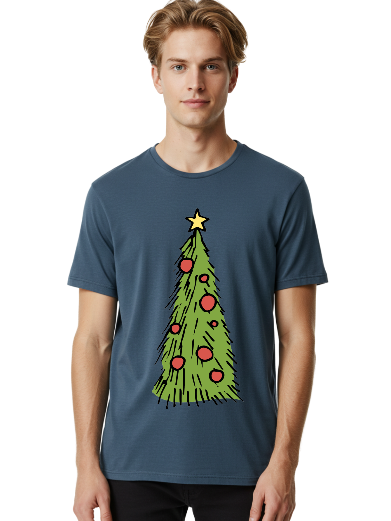 Christmas-Tree-2 Men'S Graphic Tee, 100% Cotton, Comfortable Casual Summer Wear, Machine Washable, Christmas Tree, Festive Decorations, Red Ornaments, Yellow Star, Holiday Season, Winter Wonderland, Cartoon Illustration, Simple Design - Aaa823