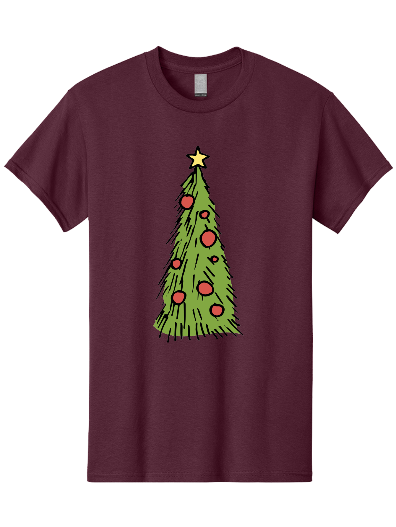 Christmas-Tree-2 Men'S Graphic Tee, 100% Cotton, Comfortable Casual Summer Wear, Machine Washable, Christmas Tree, Festive Decorations, Red Ornaments, Yellow Star, Holiday Season, Winter Wonderland, Cartoon Illustration, Simple Design - Aaa823
