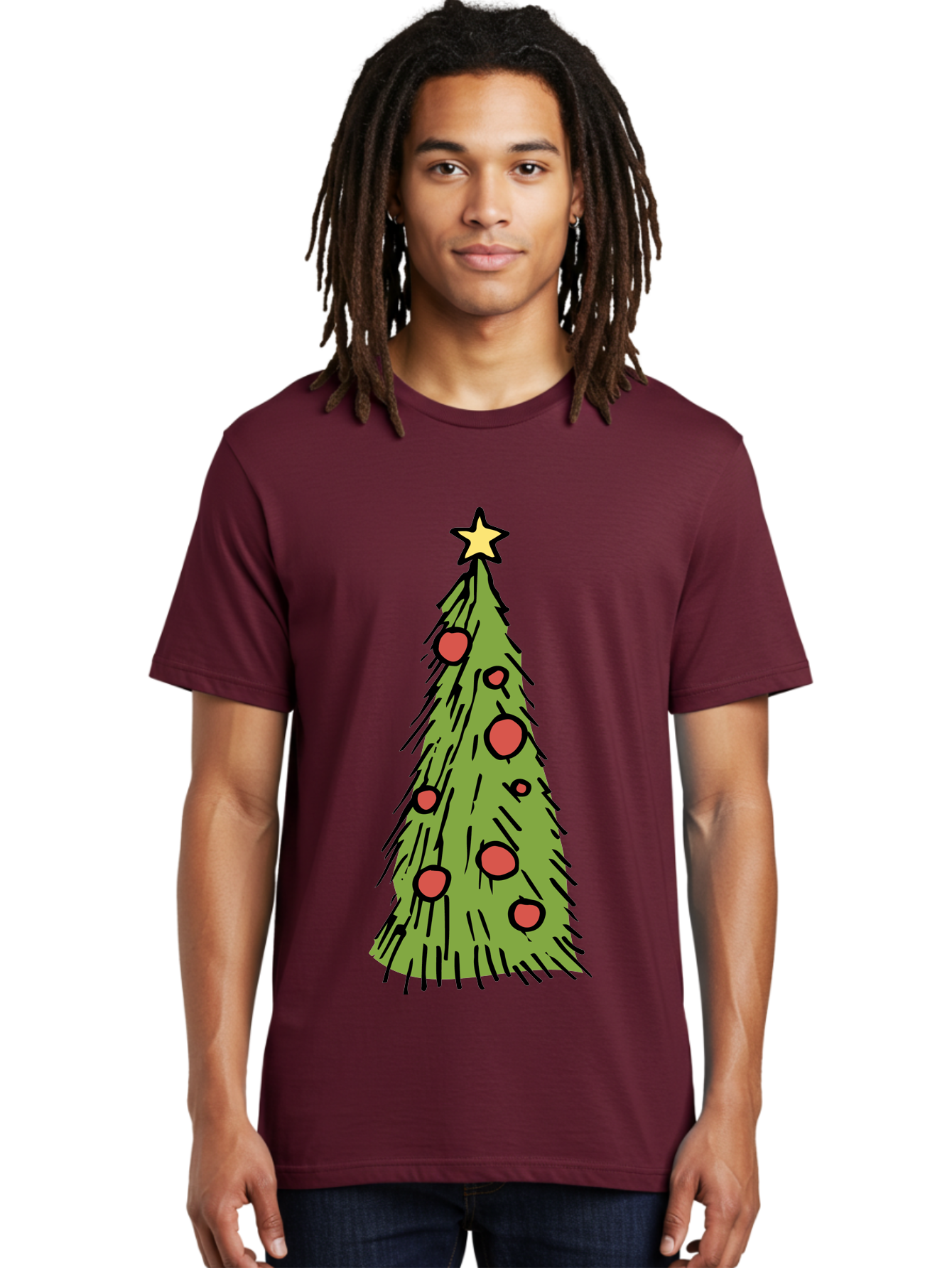 Christmas-Tree-2 Men'S Graphic Tee, 100% Cotton, Comfortable Casual Summer Wear, Machine Washable, Christmas Tree, Festive Decorations, Red Ornaments, Yellow Star, Holiday Season, Winter Wonderland, Cartoon Illustration, Simple Design - Aaa823