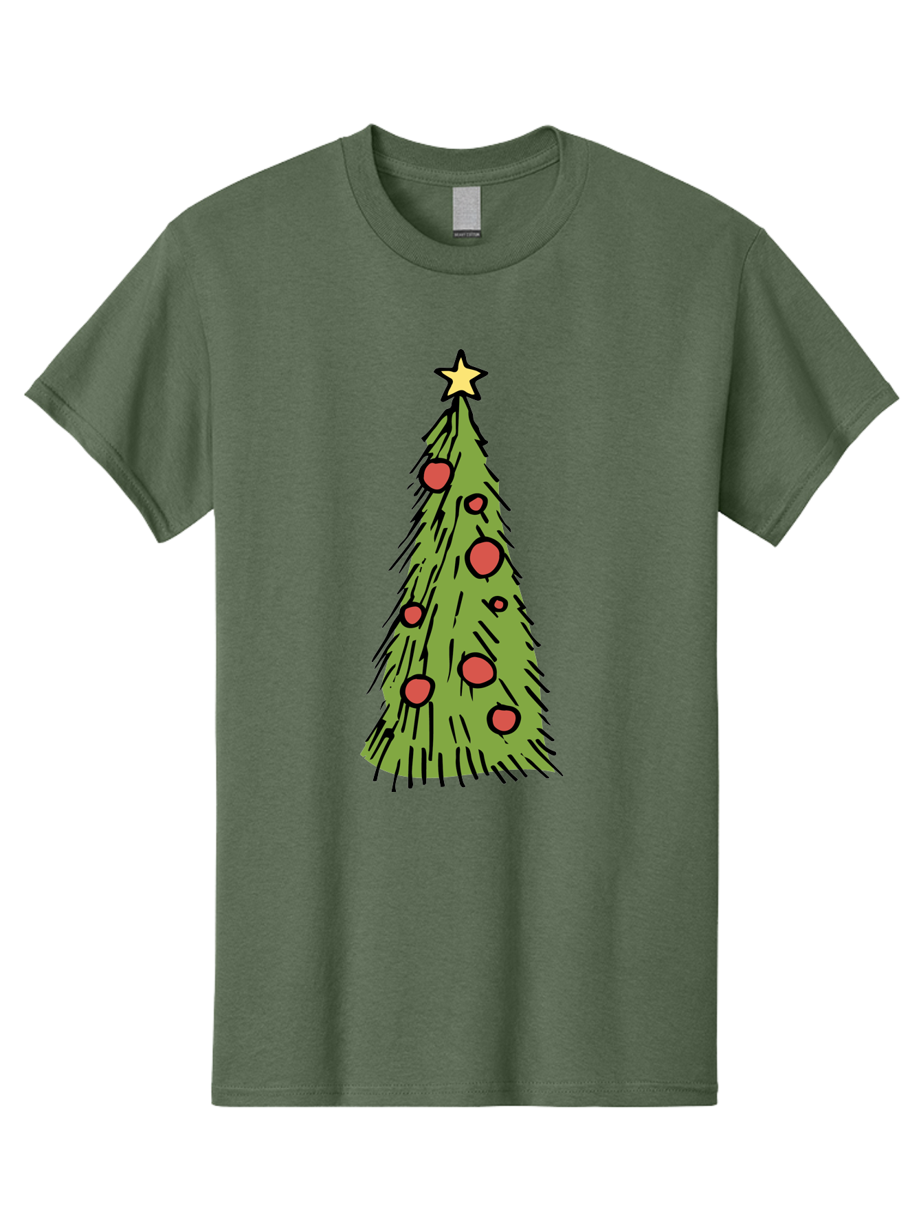 Christmas-Tree-2 Men'S Graphic Tee, 100% Cotton, Comfortable Casual Summer Wear, Machine Washable, Christmas Tree, Festive Decorations, Red Ornaments, Yellow Star, Holiday Season, Winter Wonderland, Cartoon Illustration, Simple Design - Aaa823