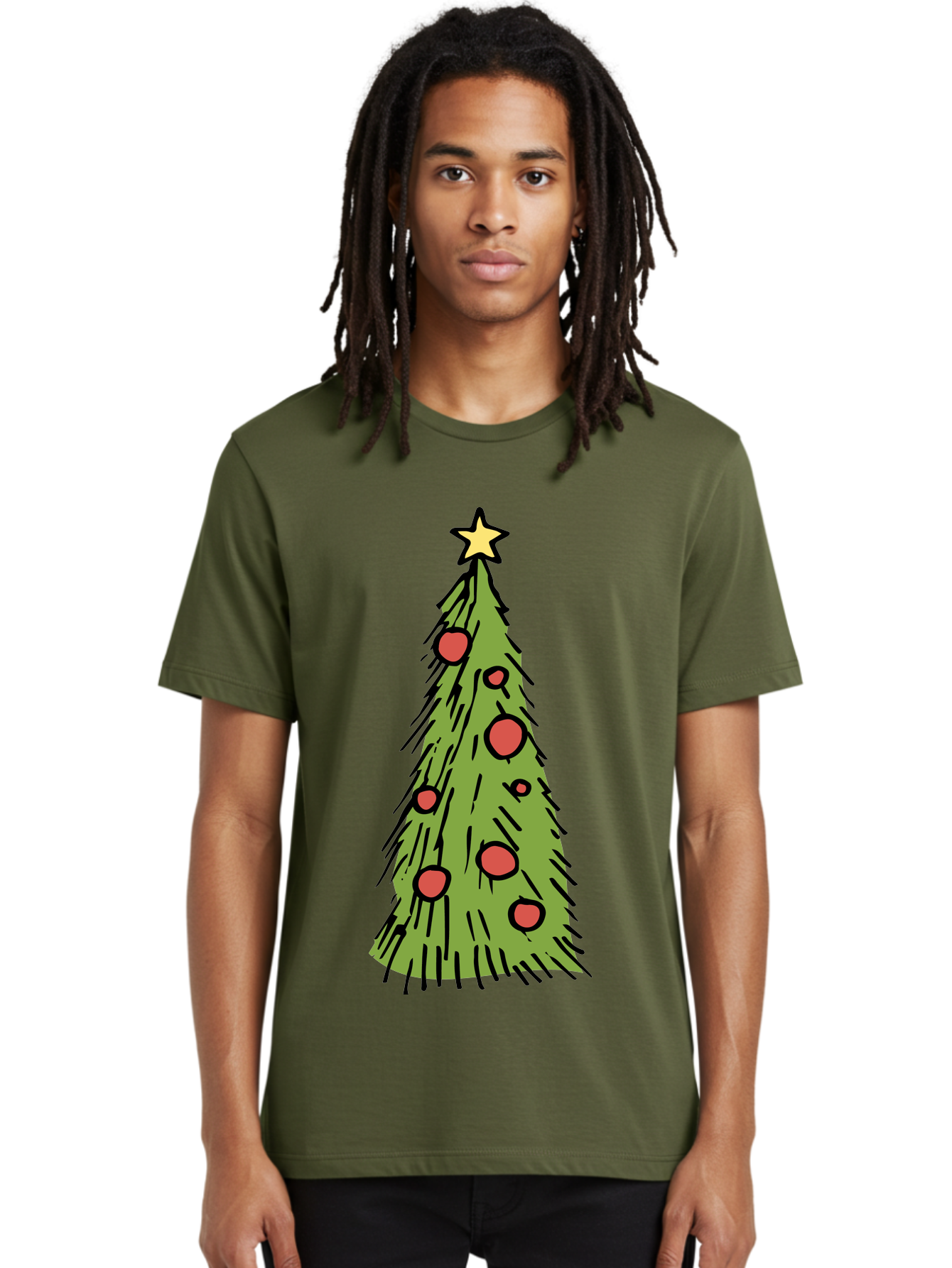 Christmas-Tree-2 Men'S Graphic Tee, 100% Cotton, Comfortable Casual Summer Wear, Machine Washable, Christmas Tree, Festive Decorations, Red Ornaments, Yellow Star, Holiday Season, Winter Wonderland, Cartoon Illustration, Simple Design - Aaa823