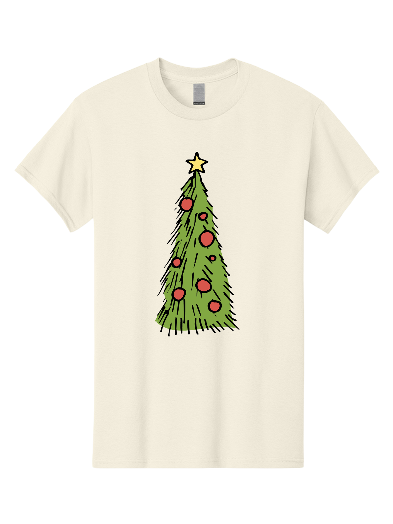 Christmas-Tree-2 Men'S Graphic Tee, 100% Cotton, Comfortable Casual Summer Wear, Machine Washable, Christmas Tree, Festive Decorations, Red Ornaments, Yellow Star, Holiday Season, Winter Wonderland, Cartoon Illustration, Simple Design - Aaa823