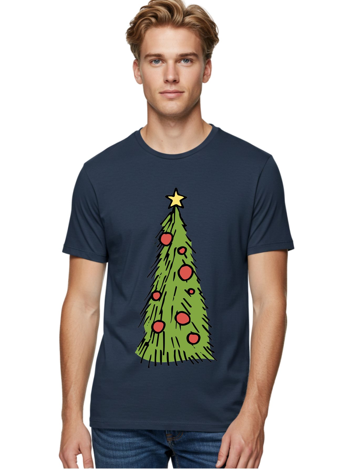Christmas-Tree-2 Men'S Graphic Tee, 100% Cotton, Comfortable Casual Summer Wear, Machine Washable, Christmas Tree, Festive Decorations, Red Ornaments, Yellow Star, Holiday Season, Winter Wonderland, Cartoon Illustration, Simple Design - Aaa823