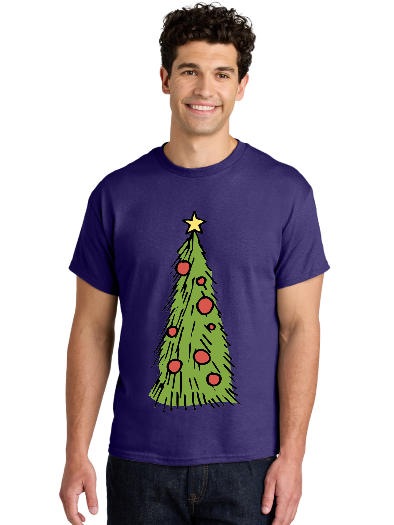Christmas-Tree-2 Men'S Graphic Tee, 100% Cotton, Comfortable Casual Summer Wear, Machine Washable, Christmas Tree, Festive Decorations, Red Ornaments, Yellow Star, Holiday Season, Winter Wonderland, Cartoon Illustration, Simple Design - Aaa823