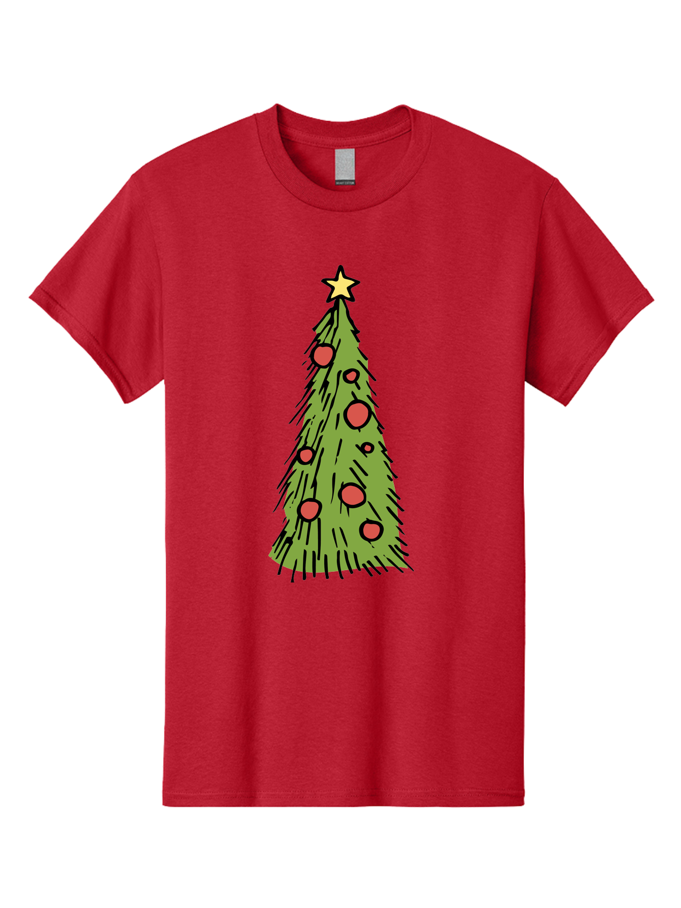 Christmas-Tree-2 Men'S Graphic Tee, 100% Cotton, Comfortable Casual Summer Wear, Machine Washable, Christmas Tree, Festive Decorations, Red Ornaments, Yellow Star, Holiday Season, Winter Wonderland, Cartoon Illustration, Simple Design - Aaa823