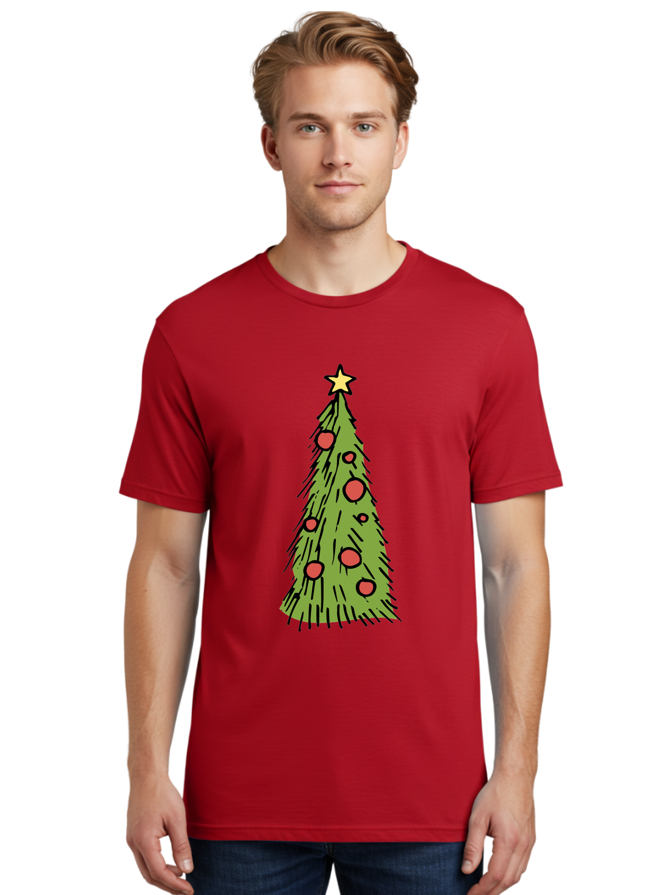 Christmas-Tree-2 Men'S Graphic Tee, 100% Cotton, Comfortable Casual Summer Wear, Machine Washable, Christmas Tree, Festive Decorations, Red Ornaments, Yellow Star, Holiday Season, Winter Wonderland, Cartoon Illustration, Simple Design - Aaa823