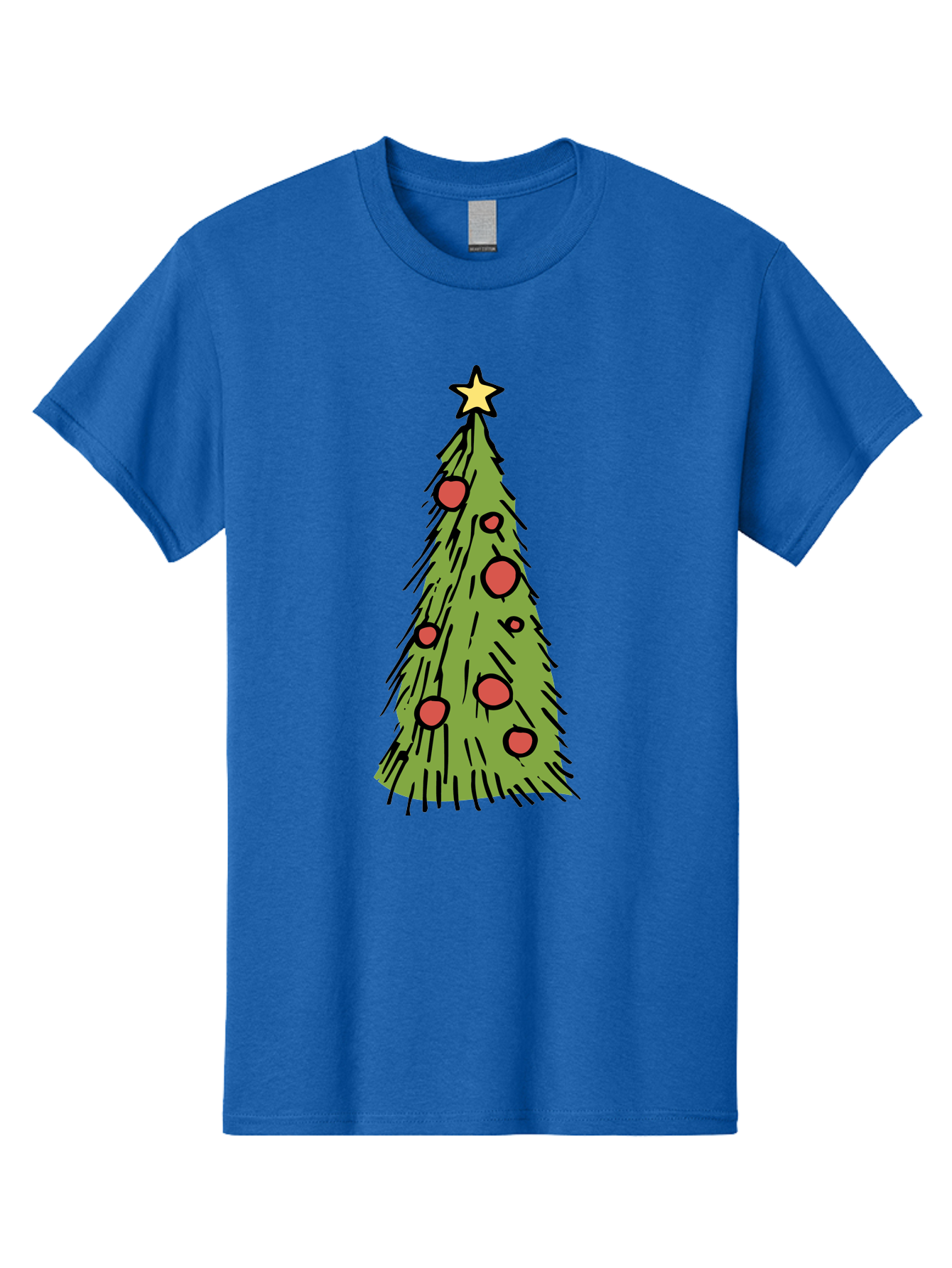 Christmas-Tree-2 Men'S Graphic Tee, 100% Cotton, Comfortable Casual Summer Wear, Machine Washable, Christmas Tree, Festive Decorations, Red Ornaments, Yellow Star, Holiday Season, Winter Wonderland, Cartoon Illustration, Simple Design - Aaa823