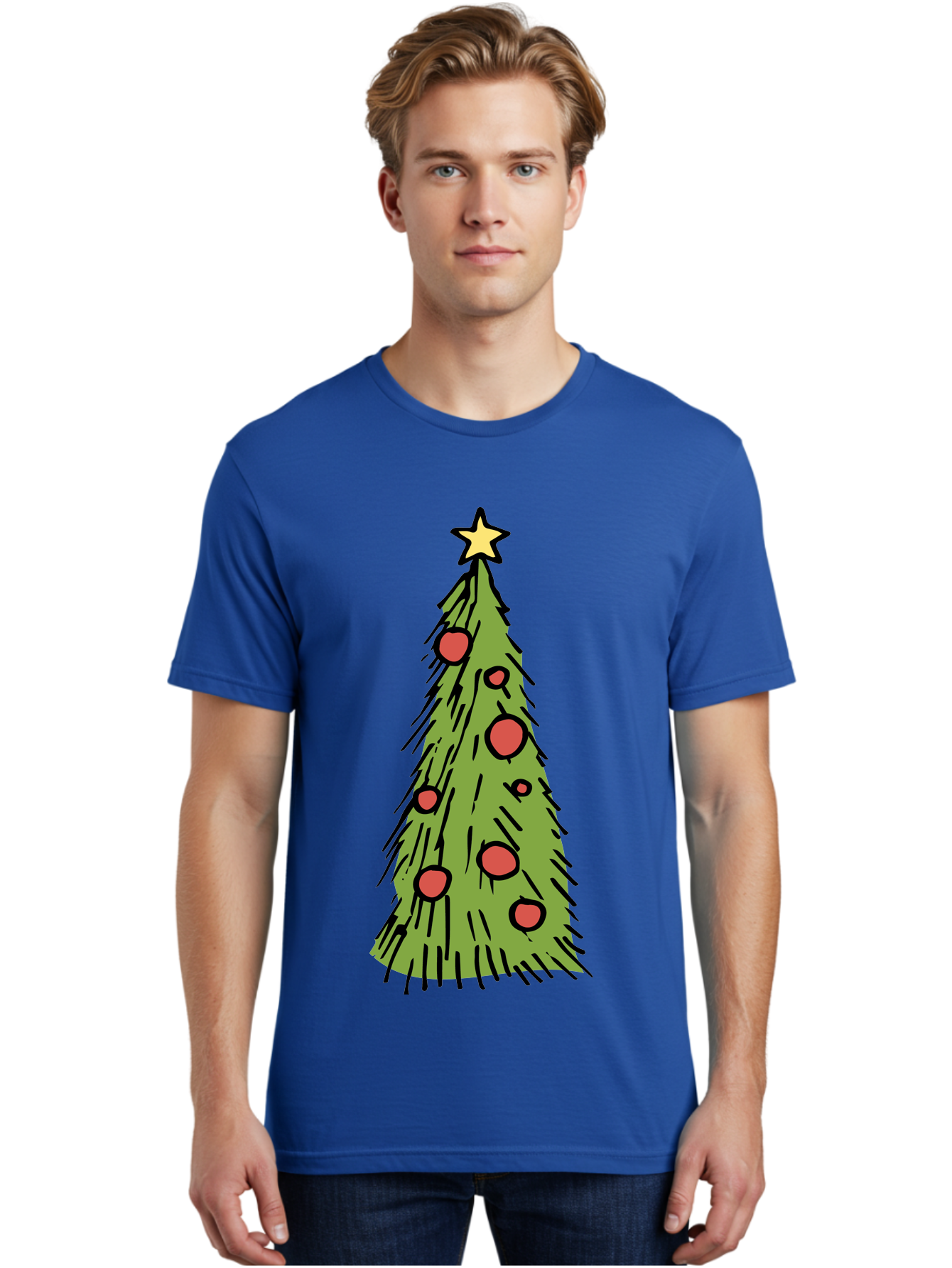 Christmas-Tree-2 Men'S Graphic Tee, 100% Cotton, Comfortable Casual Summer Wear, Machine Washable, Christmas Tree, Festive Decorations, Red Ornaments, Yellow Star, Holiday Season, Winter Wonderland, Cartoon Illustration, Simple Design - Aaa823