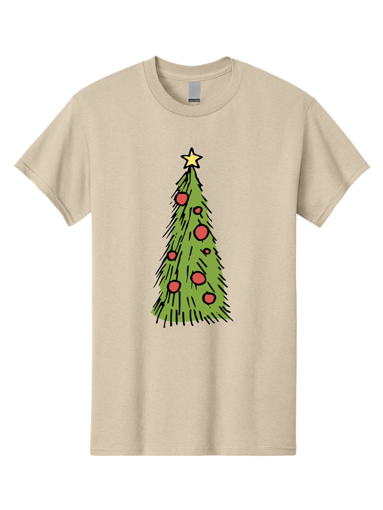 Christmas-Tree-2 Men'S Graphic Tee, 100% Cotton, Comfortable Casual Summer Wear, Machine Washable, Christmas Tree, Festive Decorations, Red Ornaments, Yellow Star, Holiday Season, Winter Wonderland, Cartoon Illustration, Simple Design - Aaa823