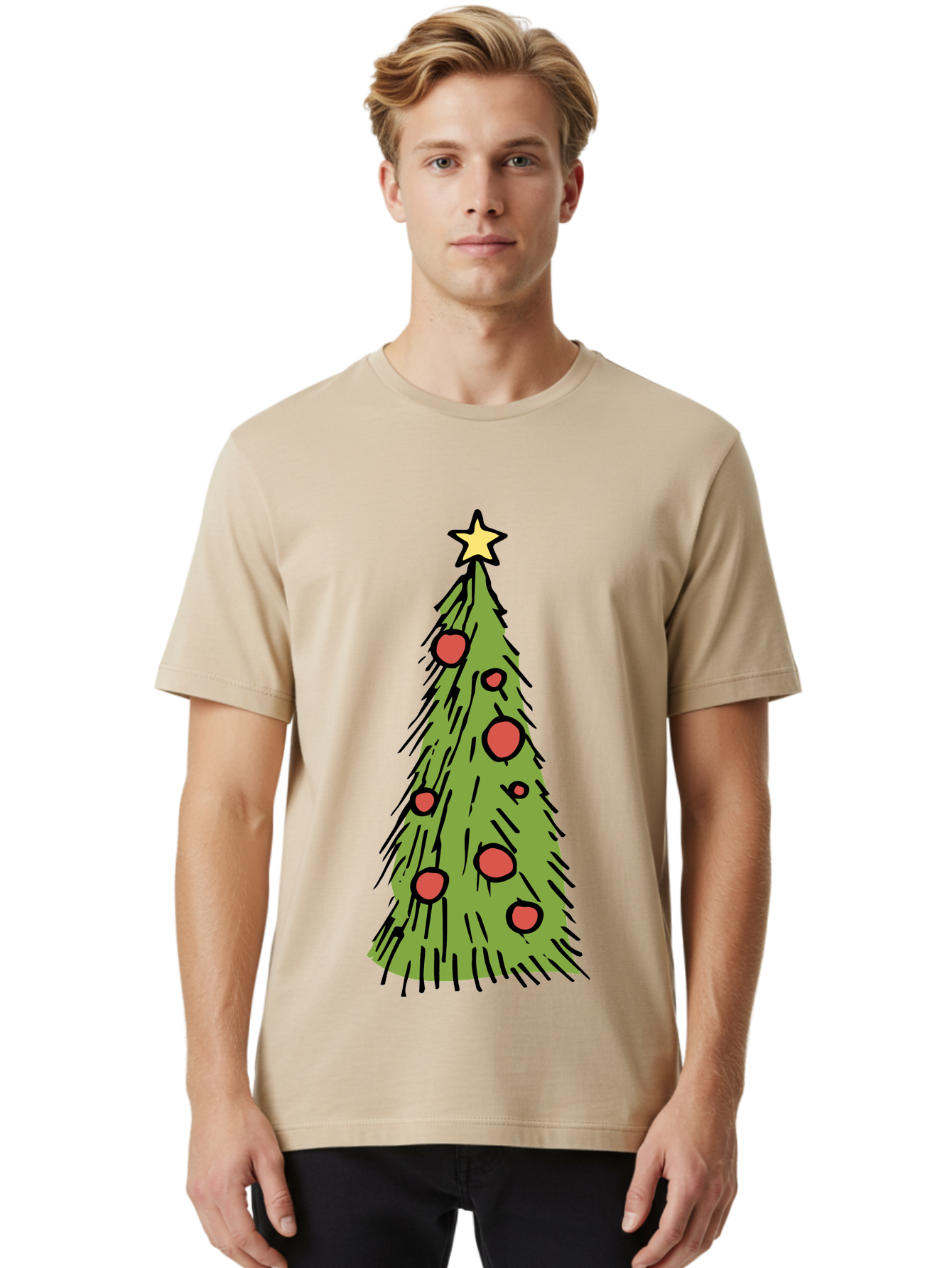 Christmas-Tree-2 Men'S Graphic Tee, 100% Cotton, Comfortable Casual Summer Wear, Machine Washable, Christmas Tree, Festive Decorations, Red Ornaments, Yellow Star, Holiday Season, Winter Wonderland, Cartoon Illustration, Simple Design - Aaa823