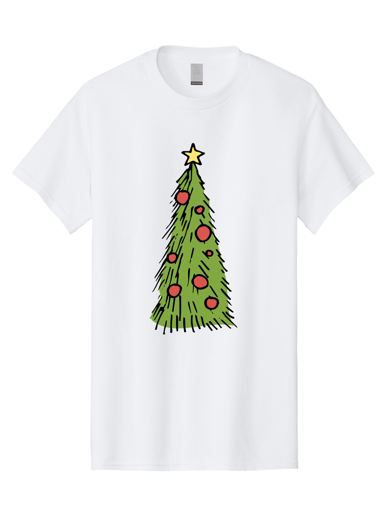 Christmas-Tree-2 Men'S Graphic Tee, 100% Cotton, Comfortable Casual Summer Wear, Machine Washable, Christmas Tree, Festive Decorations, Red Ornaments, Yellow Star, Holiday Season, Winter Wonderland, Cartoon Illustration, Simple Design - Aaa823