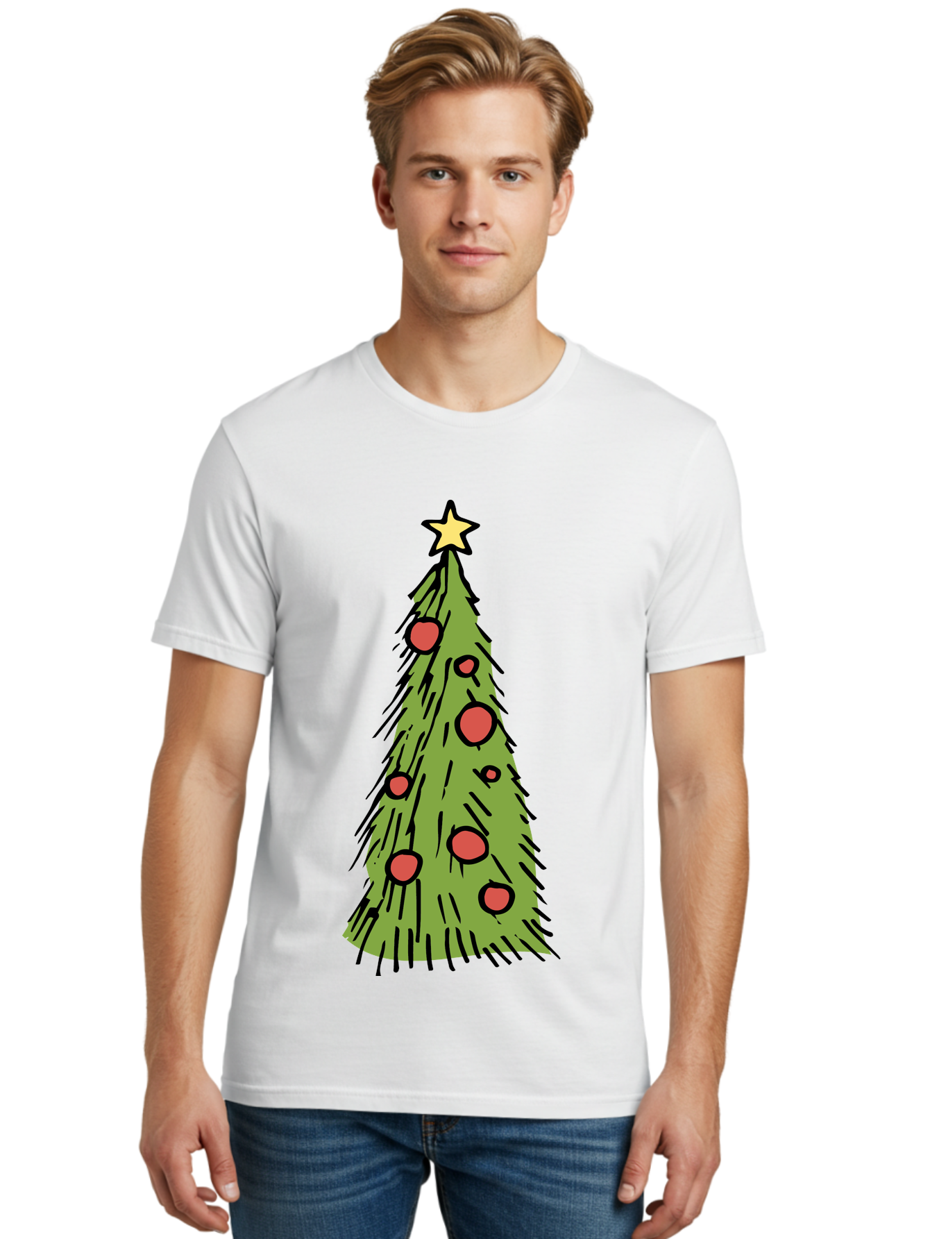 Christmas-Tree-2 Men'S Graphic Tee, 100% Cotton, Comfortable Casual Summer Wear, Machine Washable, Christmas Tree, Festive Decorations, Red Ornaments, Yellow Star, Holiday Season, Winter Wonderland, Cartoon Illustration, Simple Design - Aaa823
