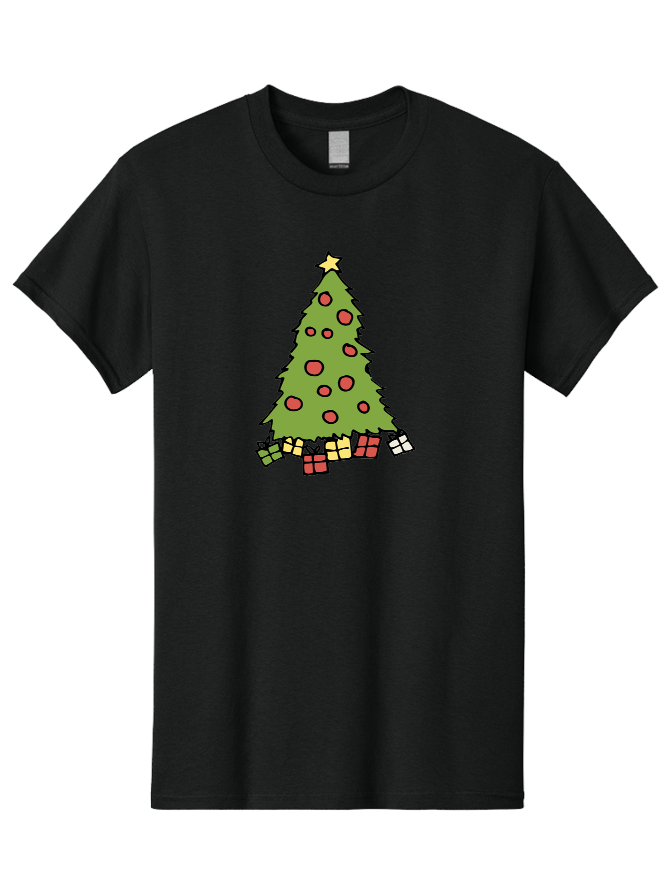 Christmas-Tree-3 Men'S Graphic Tee, 100% Cotton, Comfortable Casual Summer Wear, Machine Washable, Christmas Tree, Red Ornaments, Festive Decorations, Wrapped Gifts, Holiday Season, Joyful Atmosphere, Cartoon Style, Golden Star, - Aaa824