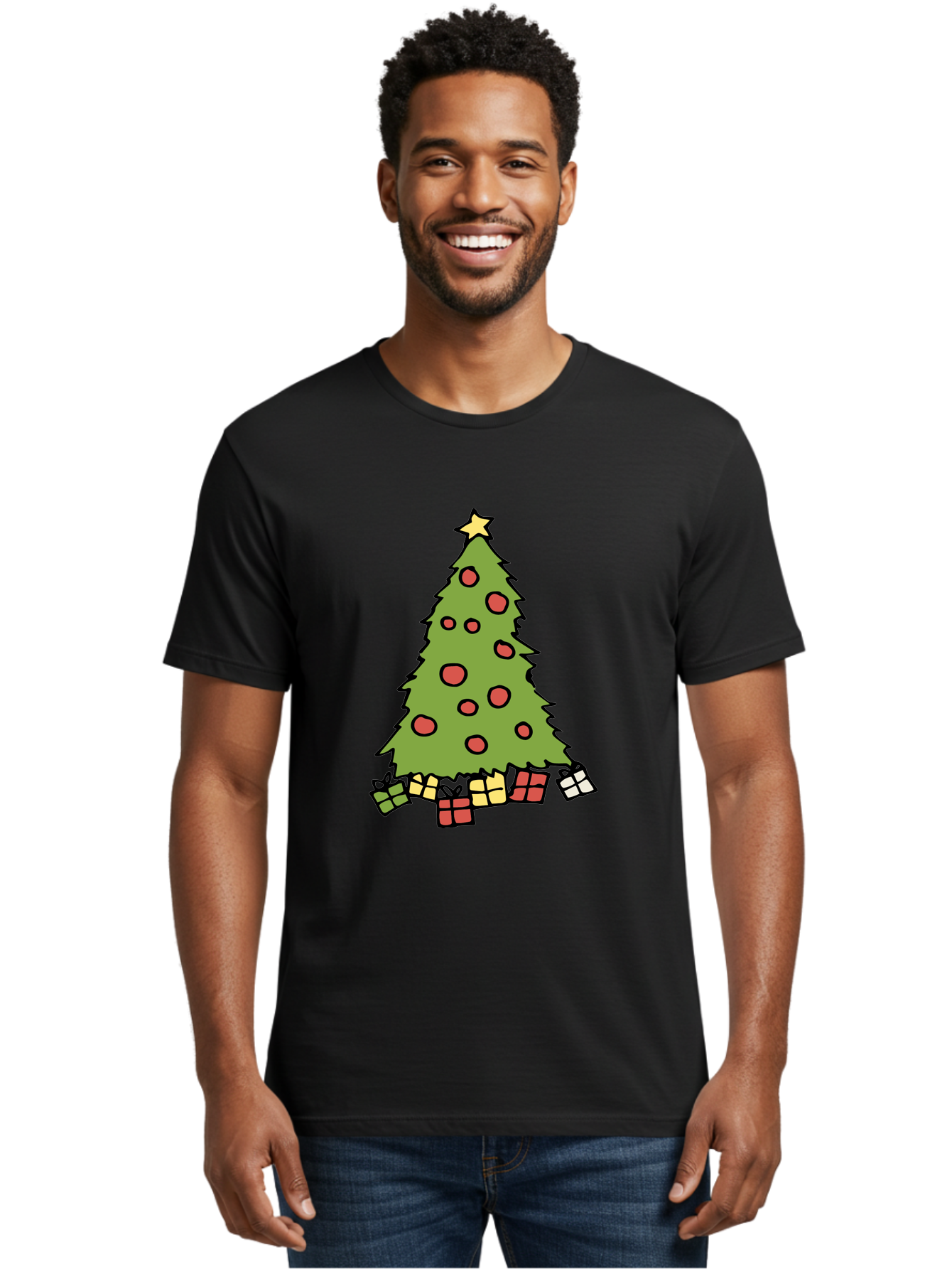 Christmas-Tree-3 Men'S Graphic Tee, 100% Cotton, Comfortable Casual Summer Wear, Machine Washable, Christmas Tree, Red Ornaments, Festive Decorations, Wrapped Gifts, Holiday Season, Joyful Atmosphere, Cartoon Style, Golden Star, - Aaa824