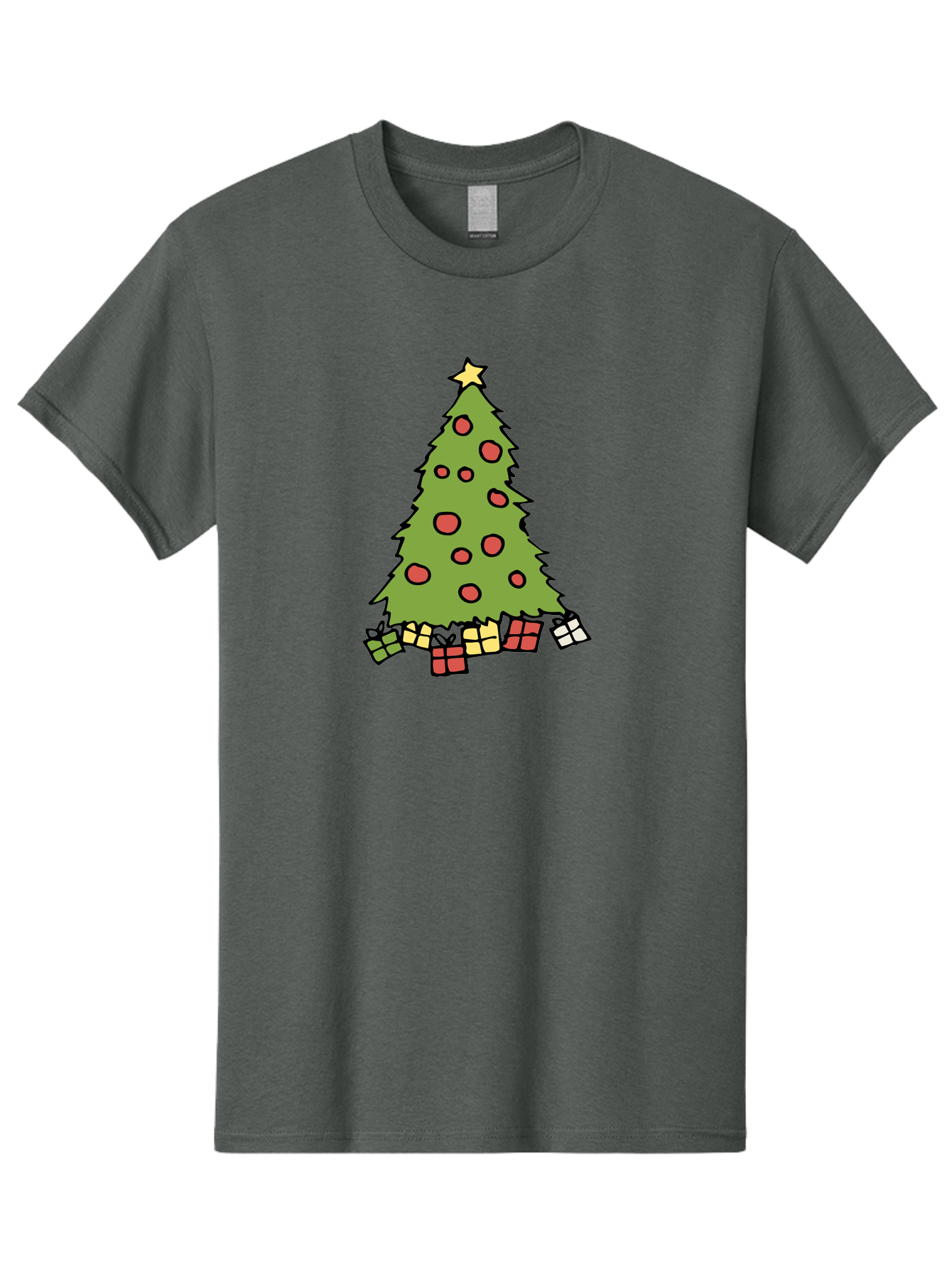 Christmas-Tree-3 Men'S Graphic Tee, 100% Cotton, Comfortable Casual Summer Wear, Machine Washable, Christmas Tree, Red Ornaments, Festive Decorations, Wrapped Gifts, Holiday Season, Joyful Atmosphere, Cartoon Style, Golden Star, - Aaa824