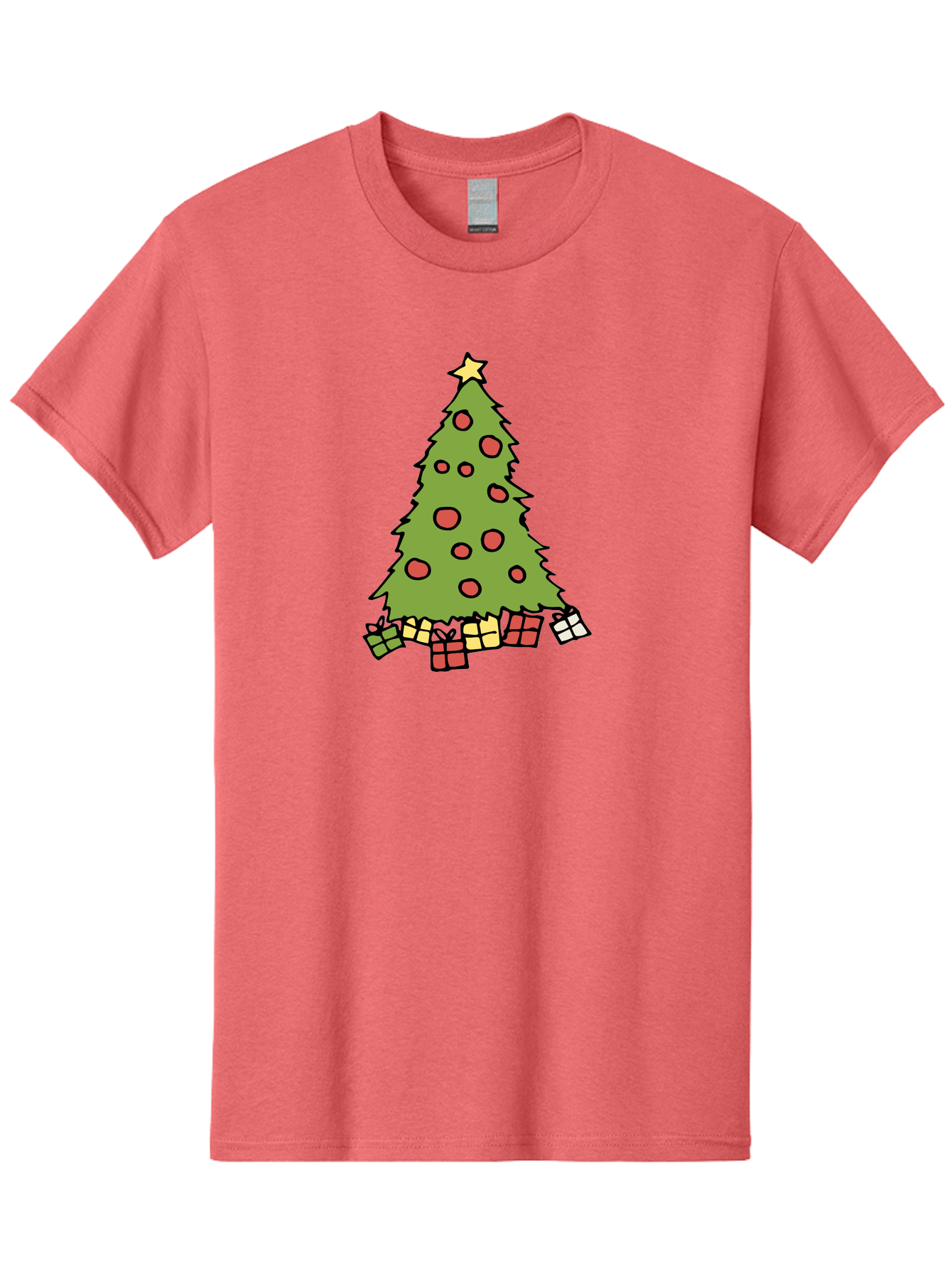 Christmas-Tree-3 Men'S Graphic Tee, 100% Cotton, Comfortable Casual Summer Wear, Machine Washable, Christmas Tree, Red Ornaments, Festive Decorations, Wrapped Gifts, Holiday Season, Joyful Atmosphere, Cartoon Style, Golden Star, - Aaa824