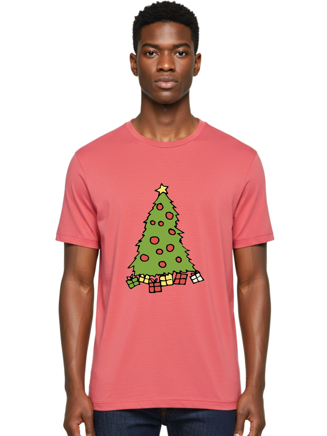 Christmas-Tree-3 Men'S Graphic Tee, 100% Cotton, Comfortable Casual Summer Wear, Machine Washable, Christmas Tree, Red Ornaments, Festive Decorations, Wrapped Gifts, Holiday Season, Joyful Atmosphere, Cartoon Style, Golden Star, - Aaa824