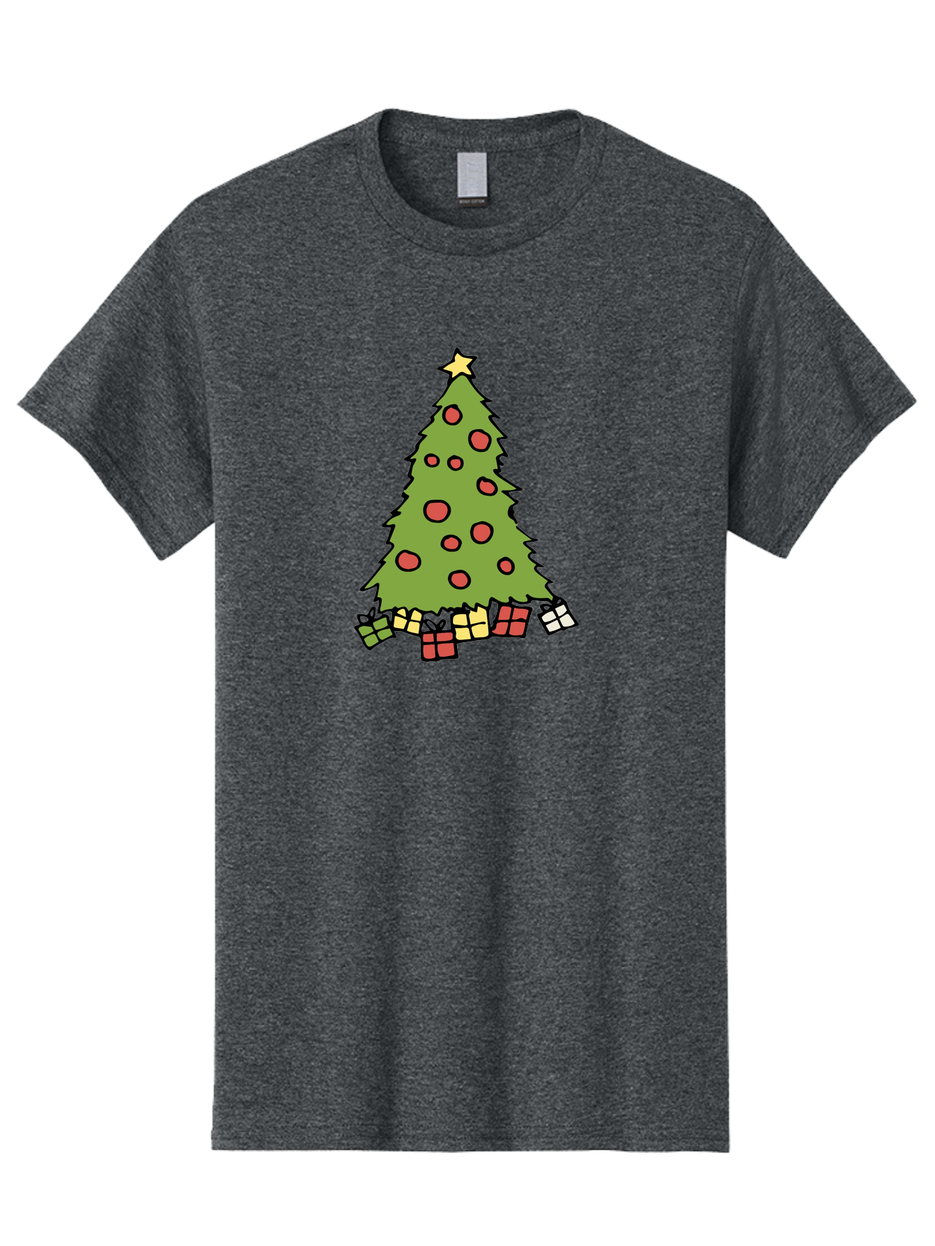 Christmas-Tree-3 Men'S Graphic Tee, 100% Cotton, Comfortable Casual Summer Wear, Machine Washable, Christmas Tree, Red Ornaments, Festive Decorations, Wrapped Gifts, Holiday Season, Joyful Atmosphere, Cartoon Style, Golden Star, - Aaa824