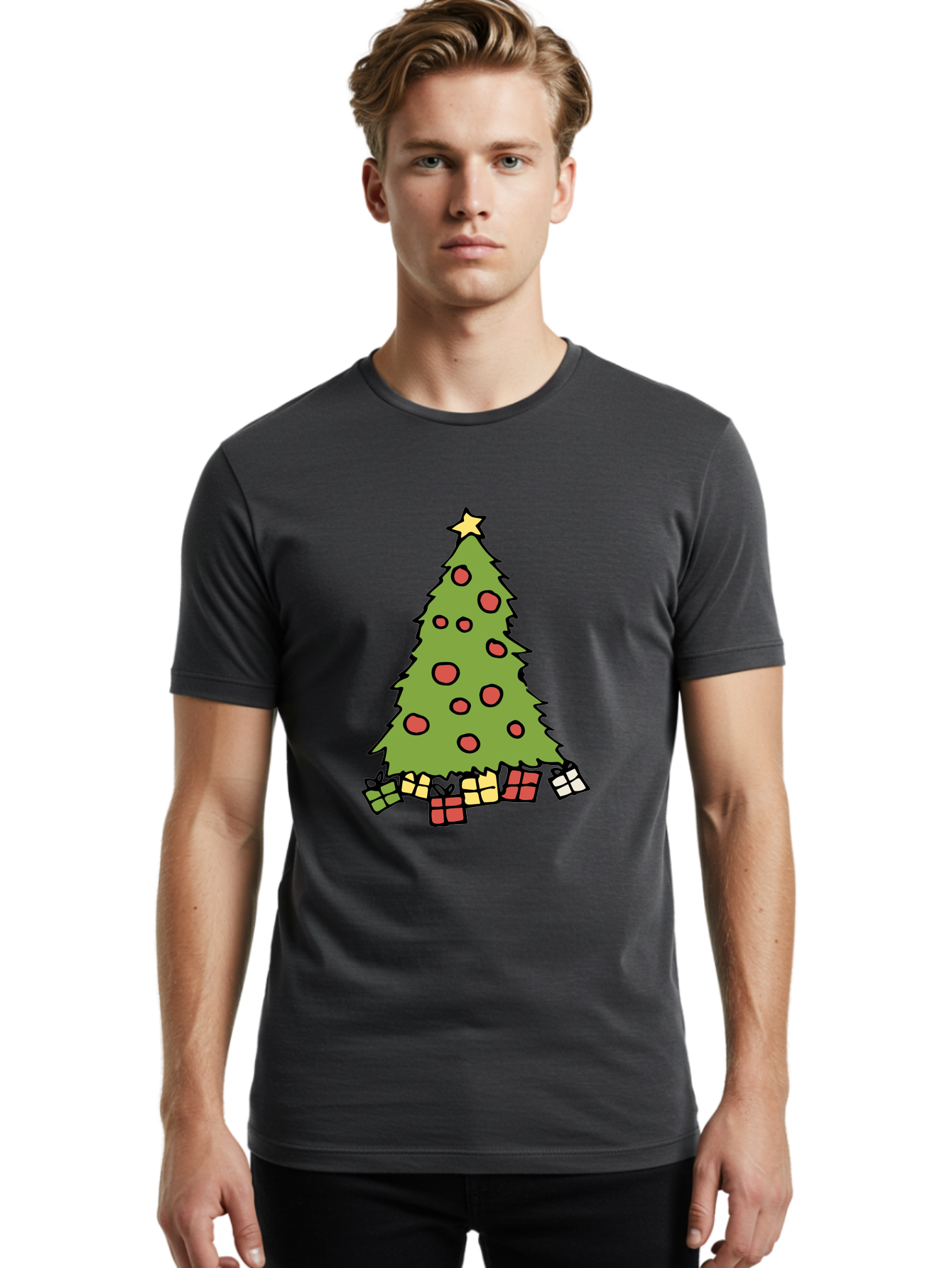 Christmas-Tree-3 Men'S Graphic Tee, 100% Cotton, Comfortable Casual Summer Wear, Machine Washable, Christmas Tree, Red Ornaments, Festive Decorations, Wrapped Gifts, Holiday Season, Joyful Atmosphere, Cartoon Style, Golden Star, - Aaa824