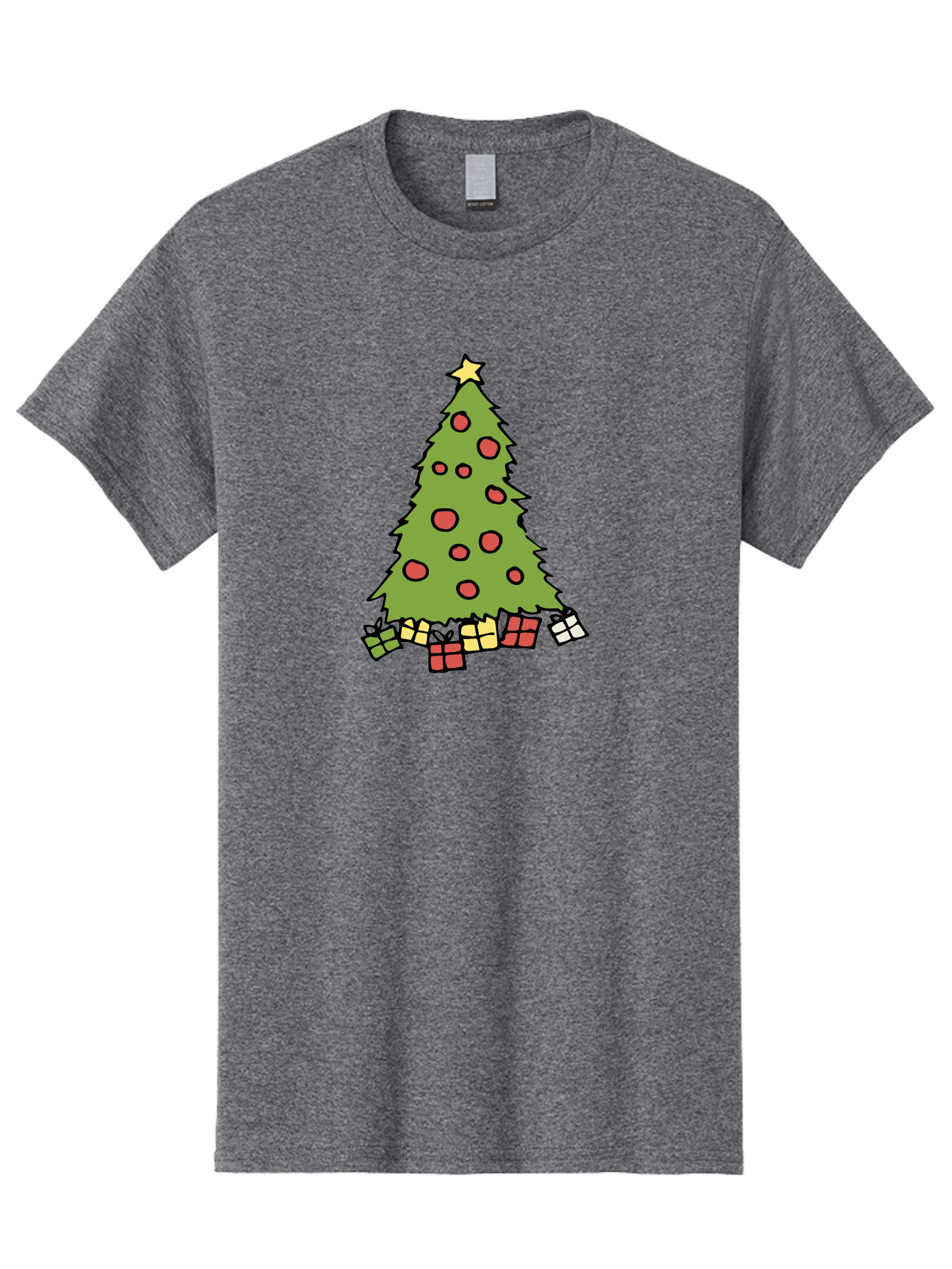 Christmas-Tree-3 Men'S Graphic Tee, 100% Cotton, Comfortable Casual Summer Wear, Machine Washable, Christmas Tree, Red Ornaments, Festive Decorations, Wrapped Gifts, Holiday Season, Joyful Atmosphere, Cartoon Style, Golden Star, - Aaa824