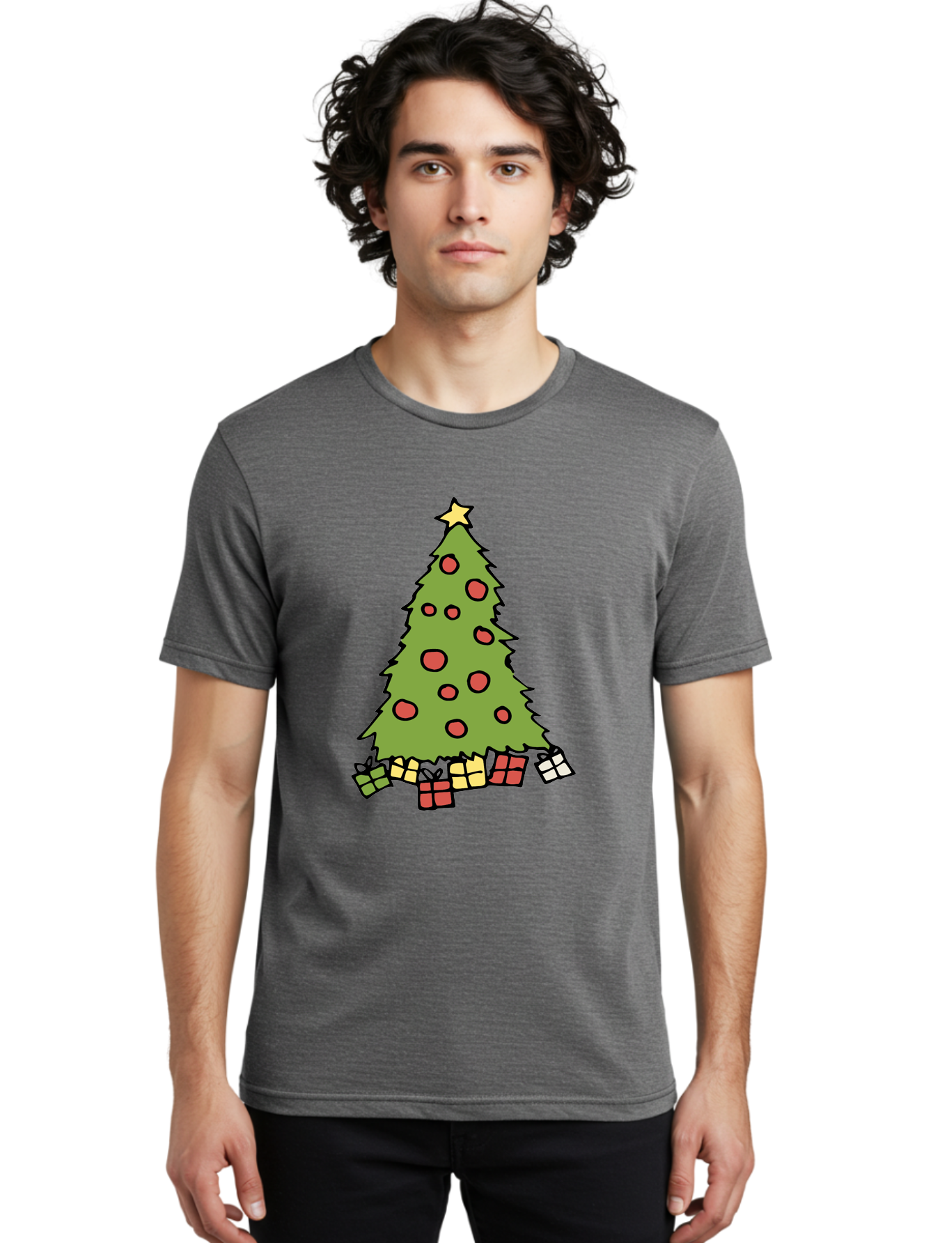 Christmas-Tree-3 Men'S Graphic Tee, 100% Cotton, Comfortable Casual Summer Wear, Machine Washable, Christmas Tree, Red Ornaments, Festive Decorations, Wrapped Gifts, Holiday Season, Joyful Atmosphere, Cartoon Style, Golden Star, - Aaa824