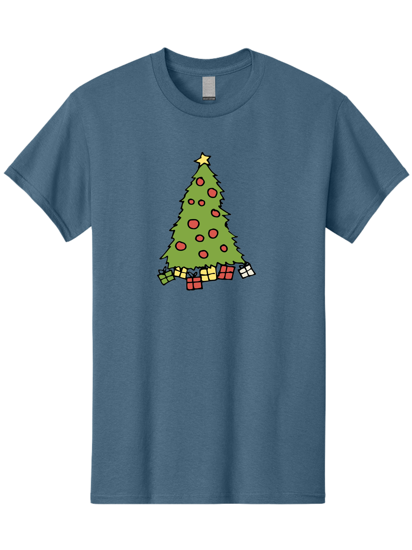Christmas-Tree-3 Men'S Graphic Tee, 100% Cotton, Comfortable Casual Summer Wear, Machine Washable, Christmas Tree, Red Ornaments, Festive Decorations, Wrapped Gifts, Holiday Season, Joyful Atmosphere, Cartoon Style, Golden Star, - Aaa824