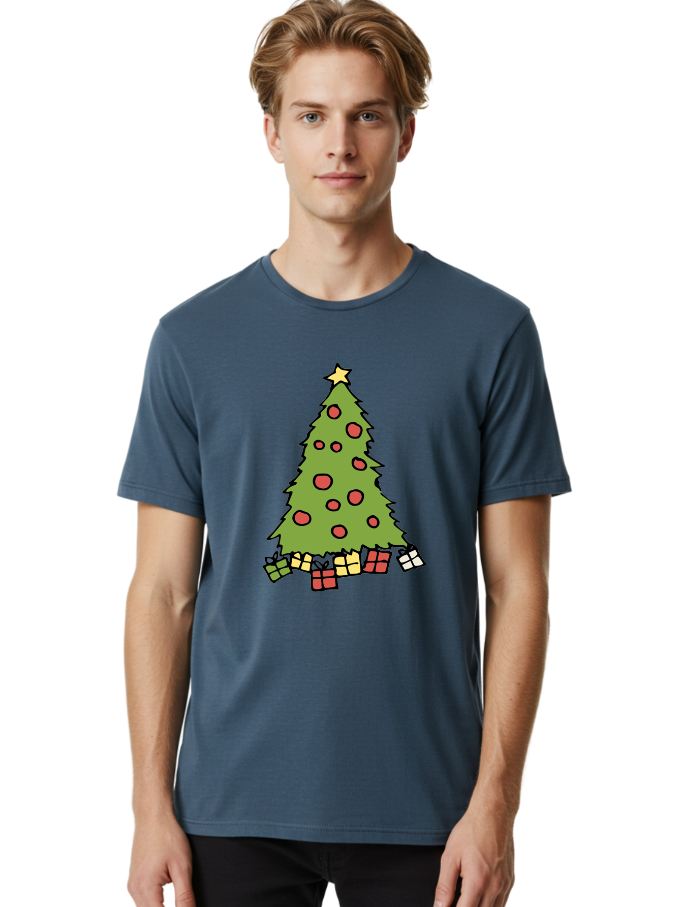 Christmas-Tree-3 Men'S Graphic Tee, 100% Cotton, Comfortable Casual Summer Wear, Machine Washable, Christmas Tree, Red Ornaments, Festive Decorations, Wrapped Gifts, Holiday Season, Joyful Atmosphere, Cartoon Style, Golden Star, - Aaa824