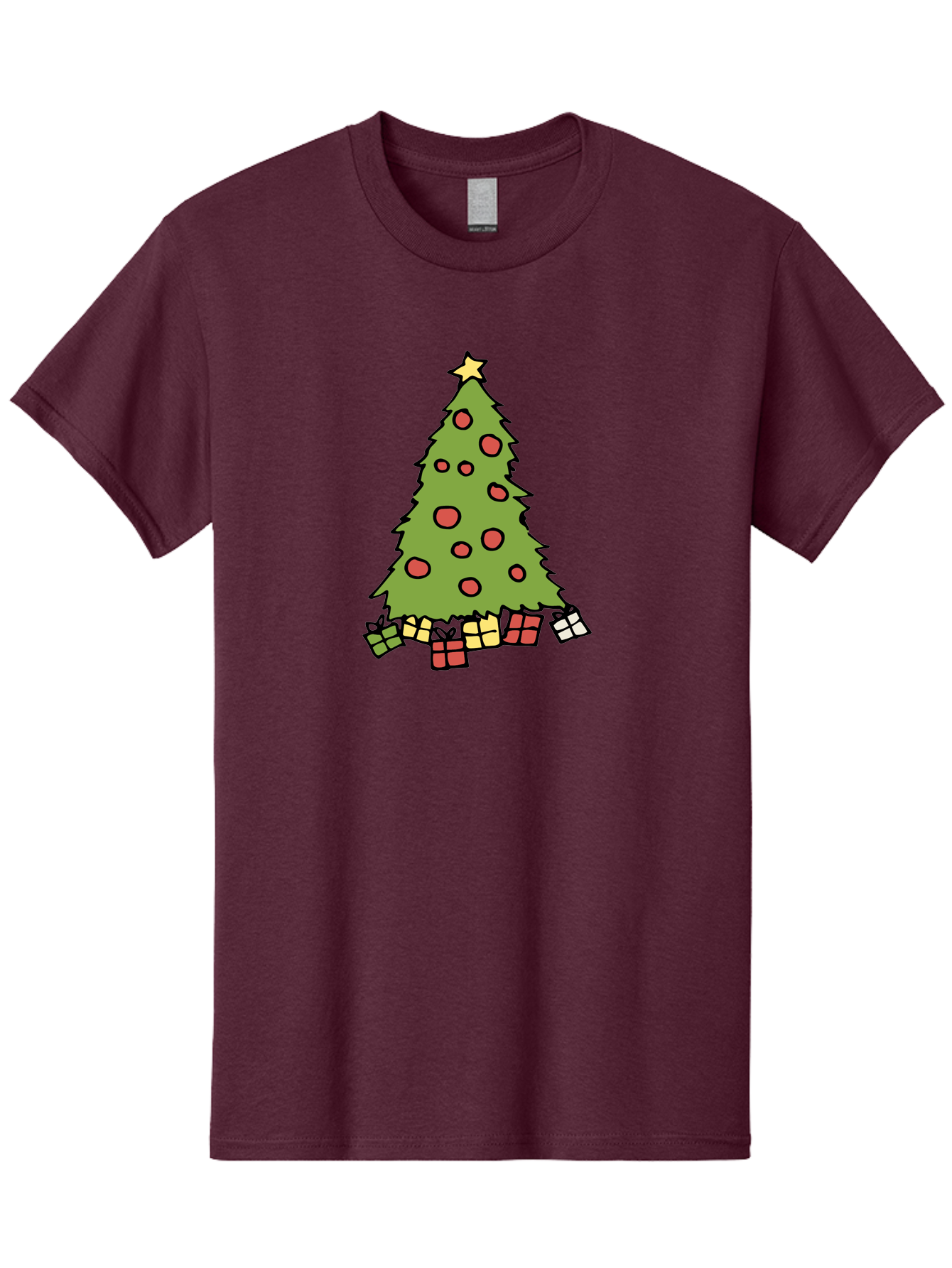 Christmas-Tree-3 Men'S Graphic Tee, 100% Cotton, Comfortable Casual Summer Wear, Machine Washable, Christmas Tree, Red Ornaments, Festive Decorations, Wrapped Gifts, Holiday Season, Joyful Atmosphere, Cartoon Style, Golden Star, - Aaa824