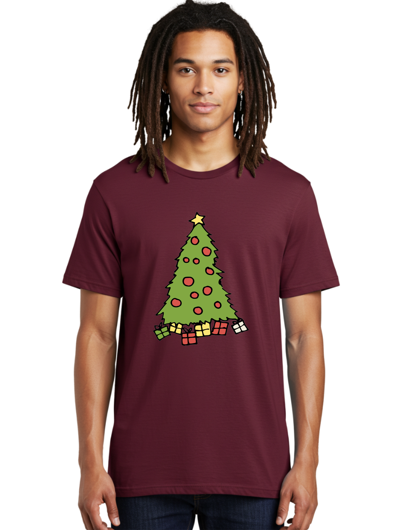 Christmas-Tree-3 Men'S Graphic Tee, 100% Cotton, Comfortable Casual Summer Wear, Machine Washable, Christmas Tree, Red Ornaments, Festive Decorations, Wrapped Gifts, Holiday Season, Joyful Atmosphere, Cartoon Style, Golden Star, - Aaa824