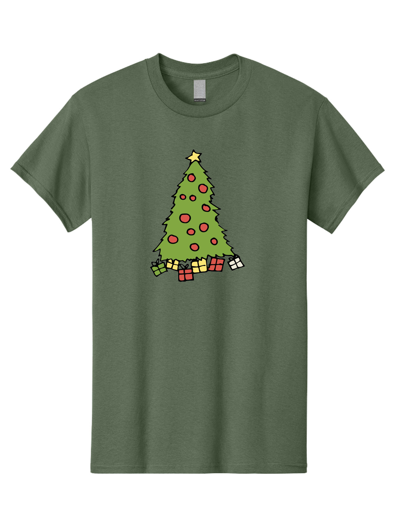 Christmas-Tree-3 Men'S Graphic Tee, 100% Cotton, Comfortable Casual Summer Wear, Machine Washable, Christmas Tree, Red Ornaments, Festive Decorations, Wrapped Gifts, Holiday Season, Joyful Atmosphere, Cartoon Style, Golden Star, - Aaa824