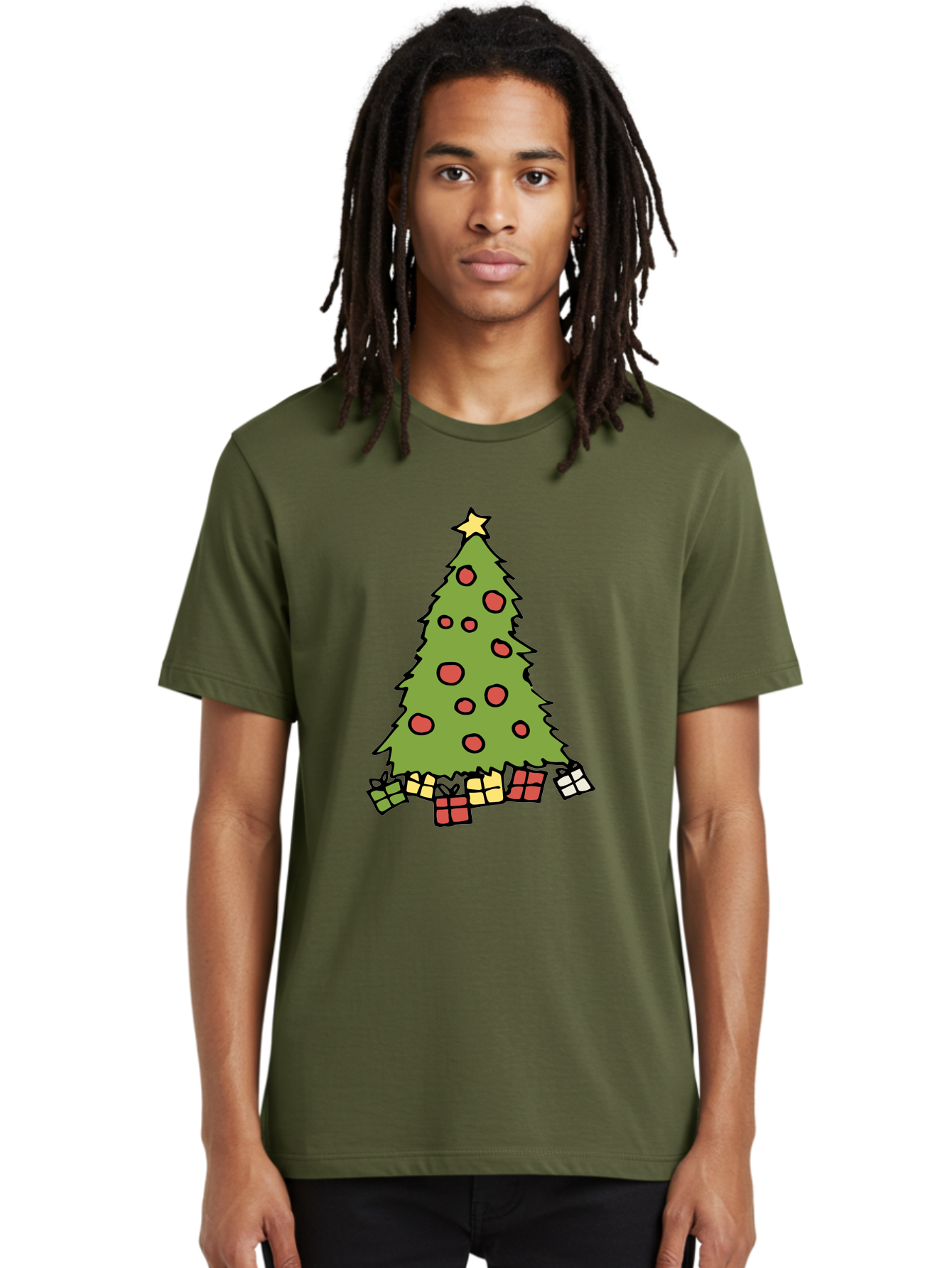 Christmas-Tree-3 Men'S Graphic Tee, 100% Cotton, Comfortable Casual Summer Wear, Machine Washable, Christmas Tree, Red Ornaments, Festive Decorations, Wrapped Gifts, Holiday Season, Joyful Atmosphere, Cartoon Style, Golden Star, - Aaa824
