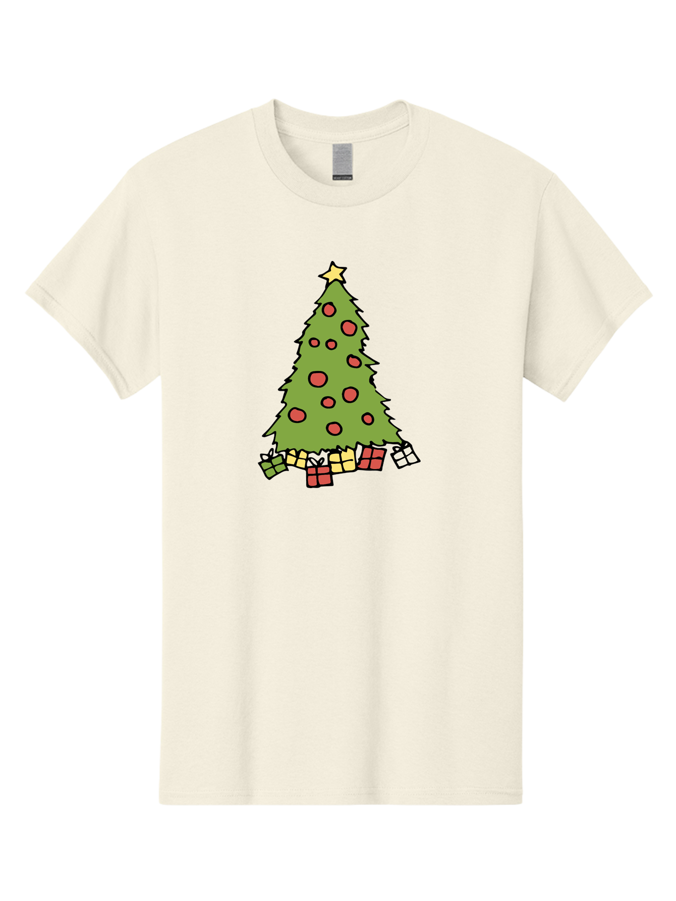 Christmas-Tree-3 Men'S Graphic Tee, 100% Cotton, Comfortable Casual Summer Wear, Machine Washable, Christmas Tree, Red Ornaments, Festive Decorations, Wrapped Gifts, Holiday Season, Joyful Atmosphere, Cartoon Style, Golden Star, - Aaa824
