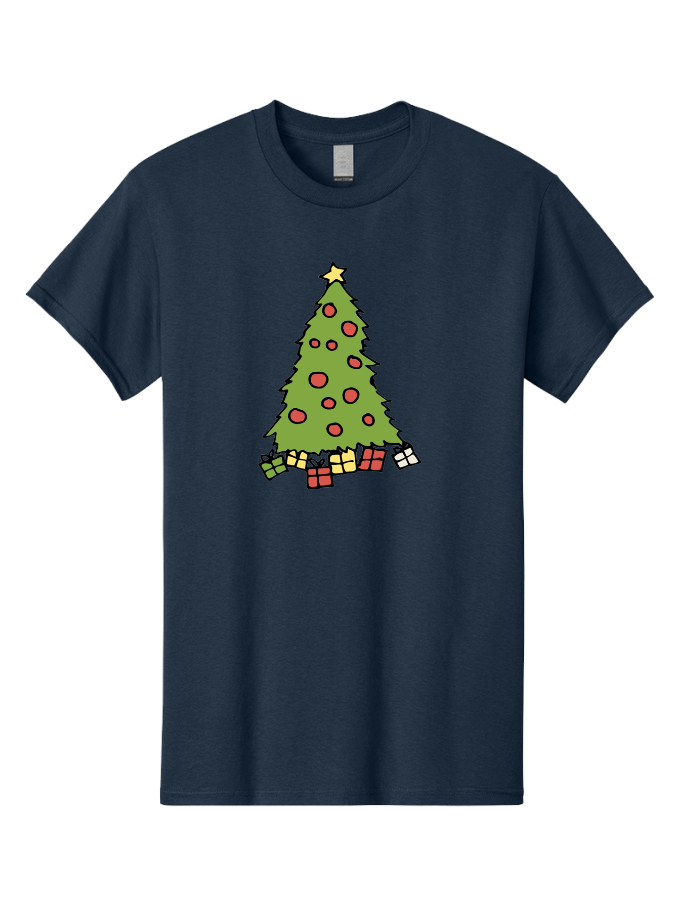 Christmas-Tree-3 Men'S Graphic Tee, 100% Cotton, Comfortable Casual Summer Wear, Machine Washable, Christmas Tree, Red Ornaments, Festive Decorations, Wrapped Gifts, Holiday Season, Joyful Atmosphere, Cartoon Style, Golden Star, - Aaa824