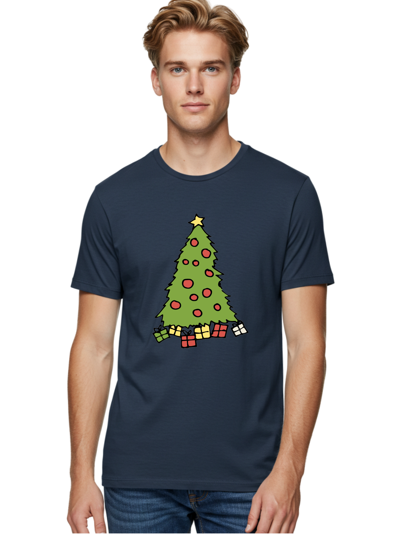 Christmas-Tree-3 Men'S Graphic Tee, 100% Cotton, Comfortable Casual Summer Wear, Machine Washable, Christmas Tree, Red Ornaments, Festive Decorations, Wrapped Gifts, Holiday Season, Joyful Atmosphere, Cartoon Style, Golden Star, - Aaa824