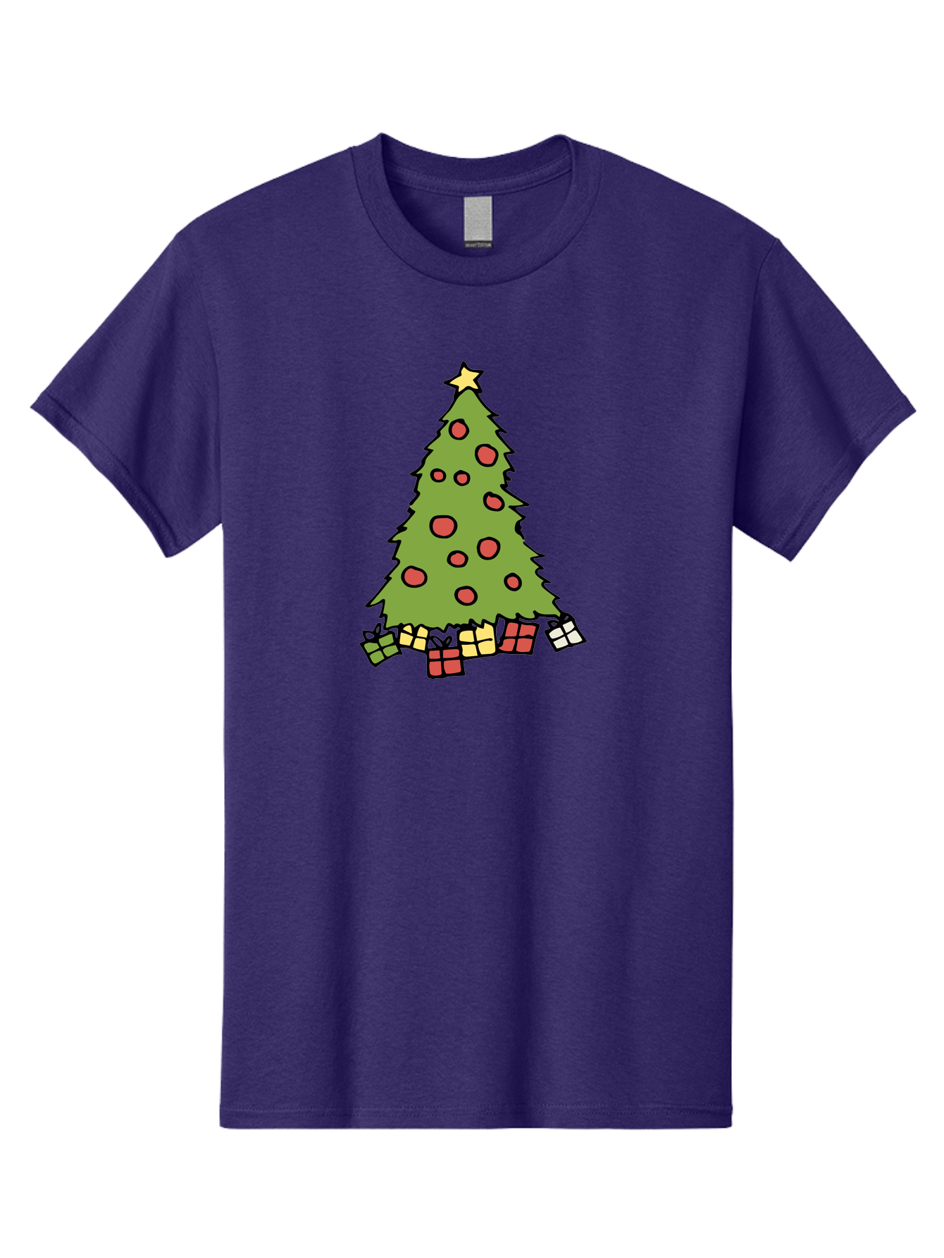 Christmas-Tree-3 Men'S Graphic Tee, 100% Cotton, Comfortable Casual Summer Wear, Machine Washable, Christmas Tree, Red Ornaments, Festive Decorations, Wrapped Gifts, Holiday Season, Joyful Atmosphere, Cartoon Style, Golden Star, - Aaa824