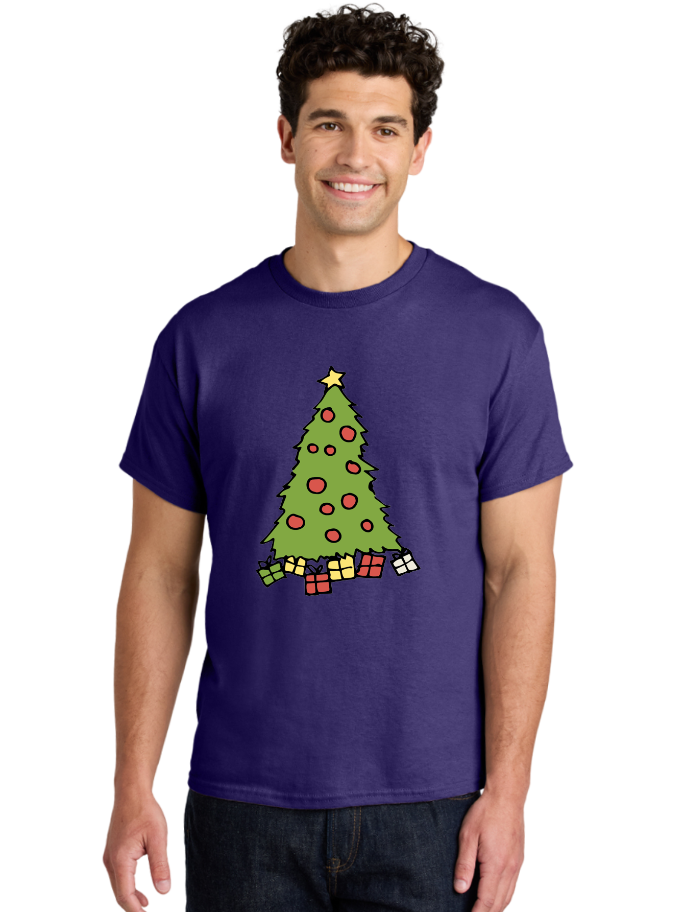 Christmas-Tree-3 Men'S Graphic Tee, 100% Cotton, Comfortable Casual Summer Wear, Machine Washable, Christmas Tree, Red Ornaments, Festive Decorations, Wrapped Gifts, Holiday Season, Joyful Atmosphere, Cartoon Style, Golden Star, - Aaa824