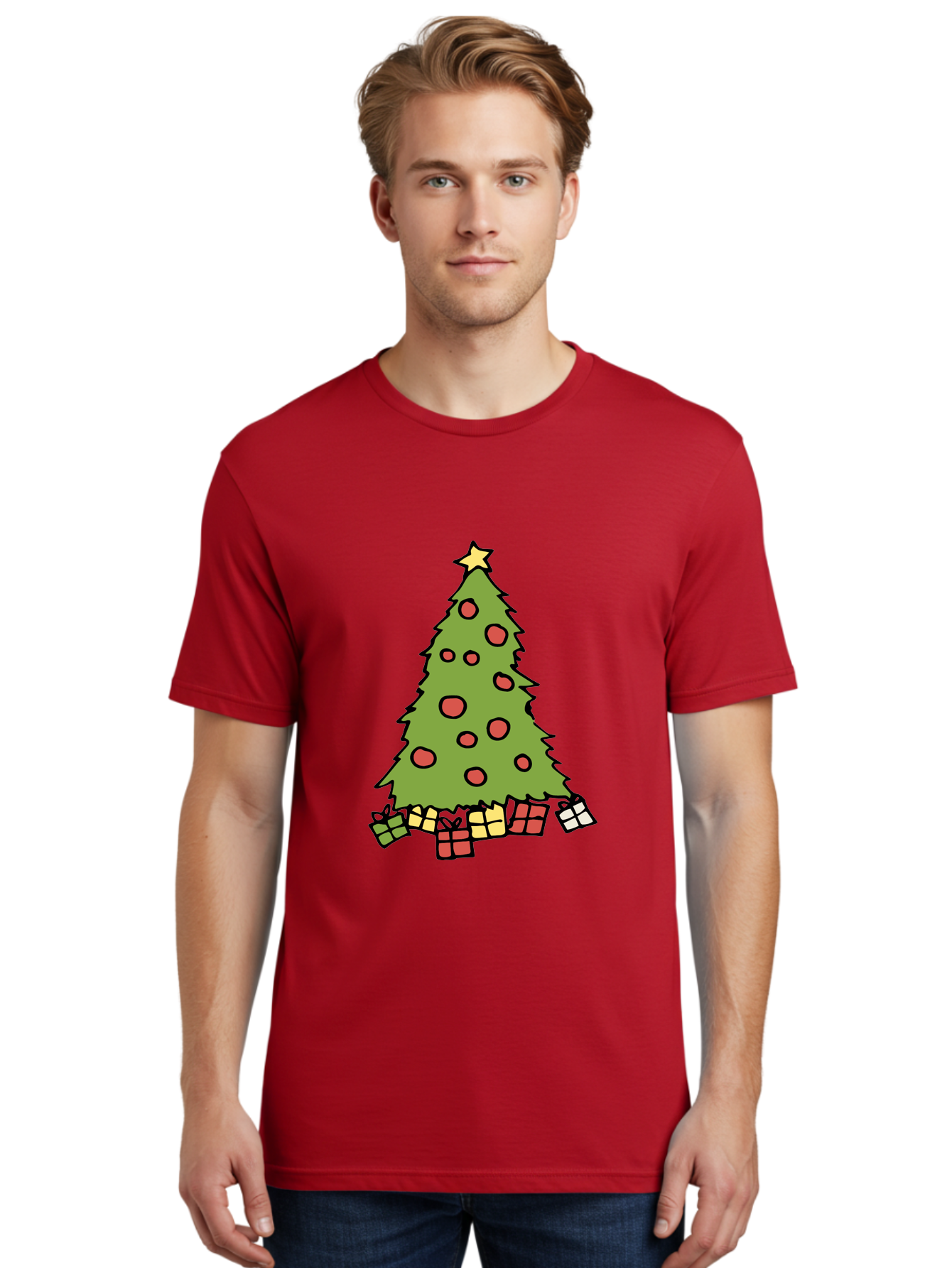 Christmas-Tree-3 Men'S Graphic Tee, 100% Cotton, Comfortable Casual Summer Wear, Machine Washable, Christmas Tree, Red Ornaments, Festive Decorations, Wrapped Gifts, Holiday Season, Joyful Atmosphere, Cartoon Style, Golden Star, - Aaa824