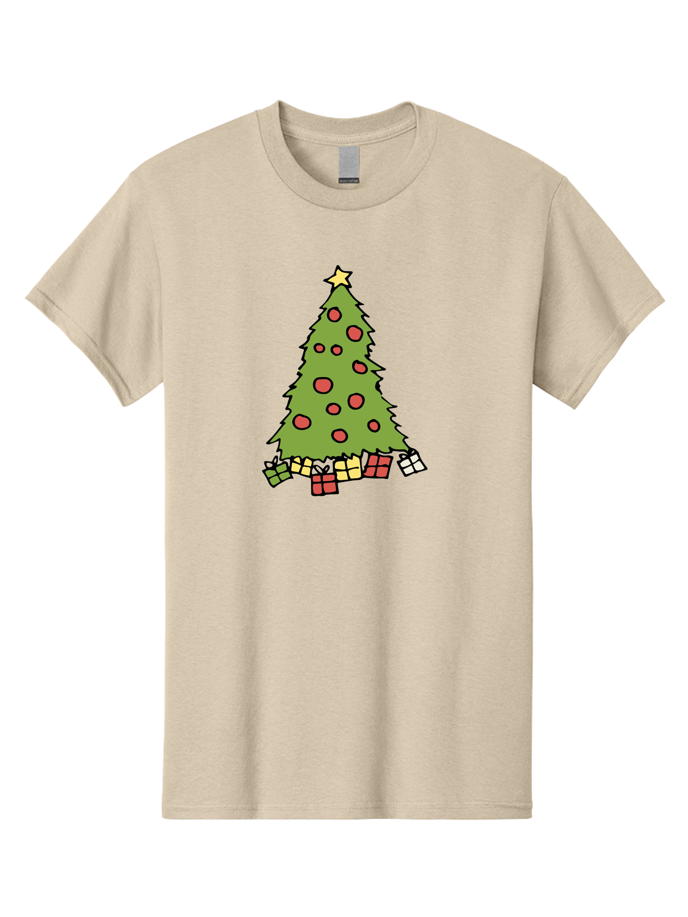 Christmas-Tree-3 Men'S Graphic Tee, 100% Cotton, Comfortable Casual Summer Wear, Machine Washable, Christmas Tree, Red Ornaments, Festive Decorations, Wrapped Gifts, Holiday Season, Joyful Atmosphere, Cartoon Style, Golden Star, - Aaa824