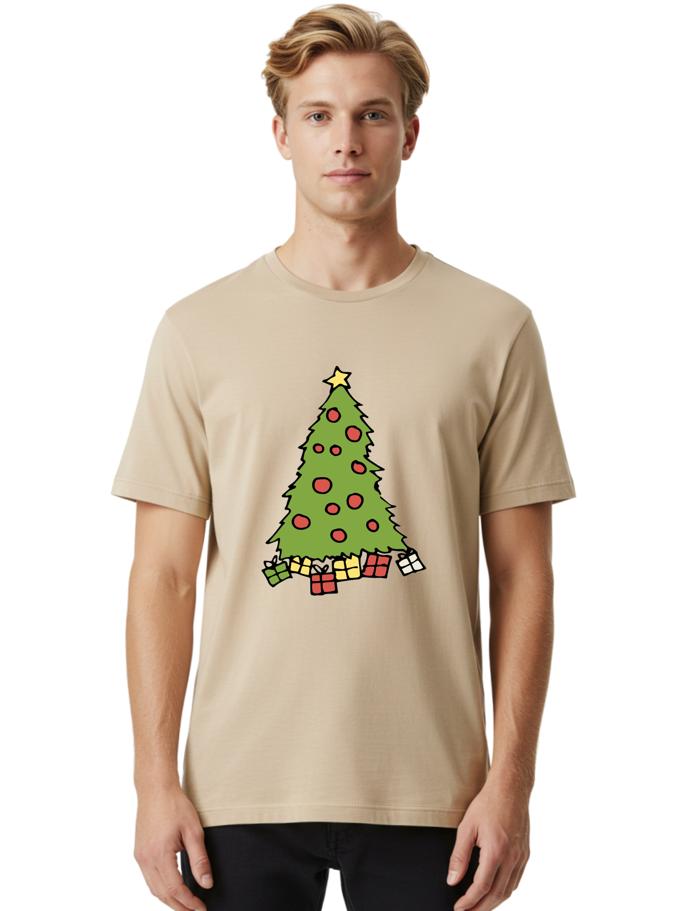 Christmas-Tree-3 Men'S Graphic Tee, 100% Cotton, Comfortable Casual Summer Wear, Machine Washable, Christmas Tree, Red Ornaments, Festive Decorations, Wrapped Gifts, Holiday Season, Joyful Atmosphere, Cartoon Style, Golden Star, - Aaa824