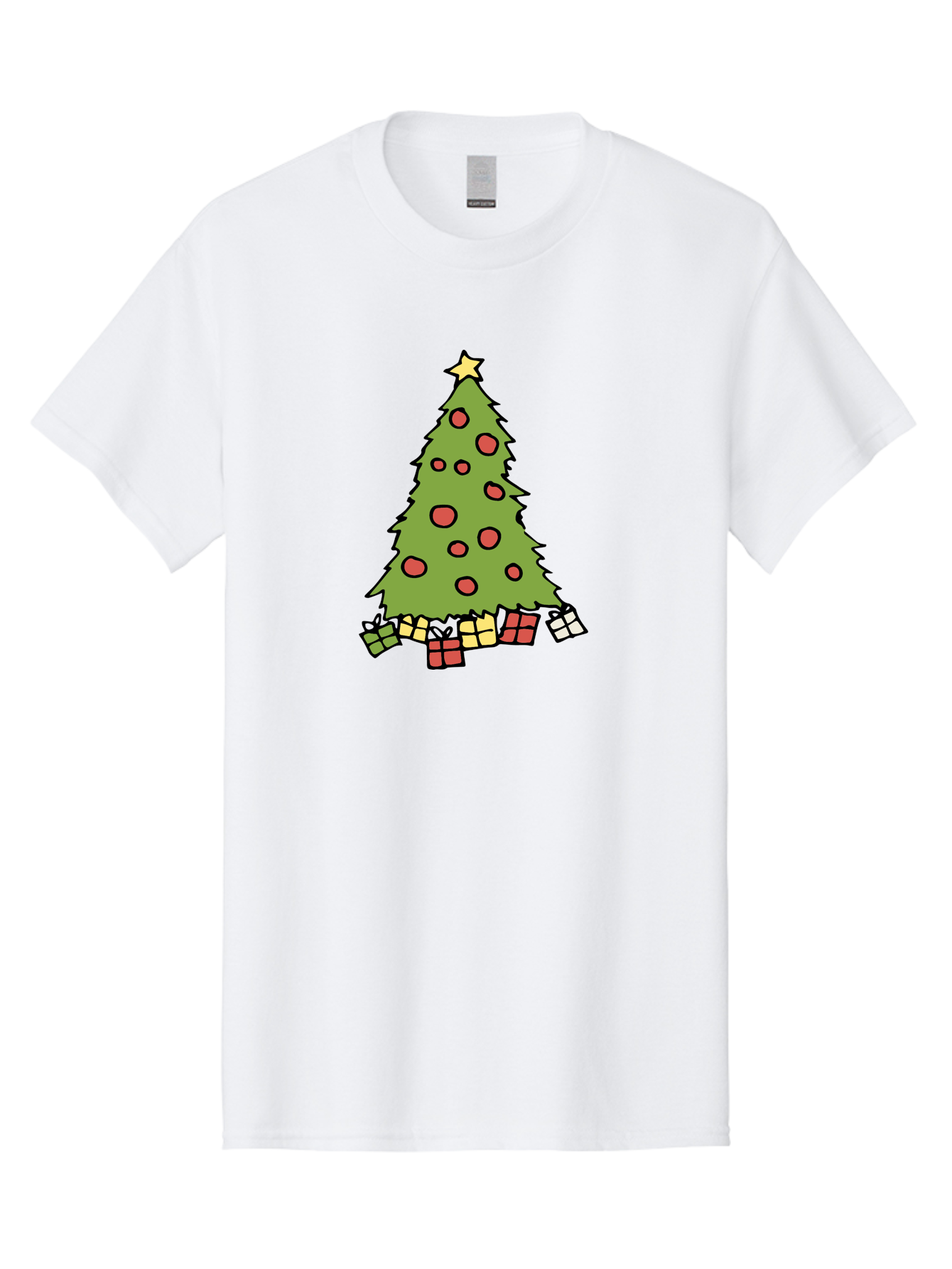 Christmas-Tree-3 Men'S Graphic Tee, 100% Cotton, Comfortable Casual Summer Wear, Machine Washable, Christmas Tree, Red Ornaments, Festive Decorations, Wrapped Gifts, Holiday Season, Joyful Atmosphere, Cartoon Style, Golden Star, - Aaa824