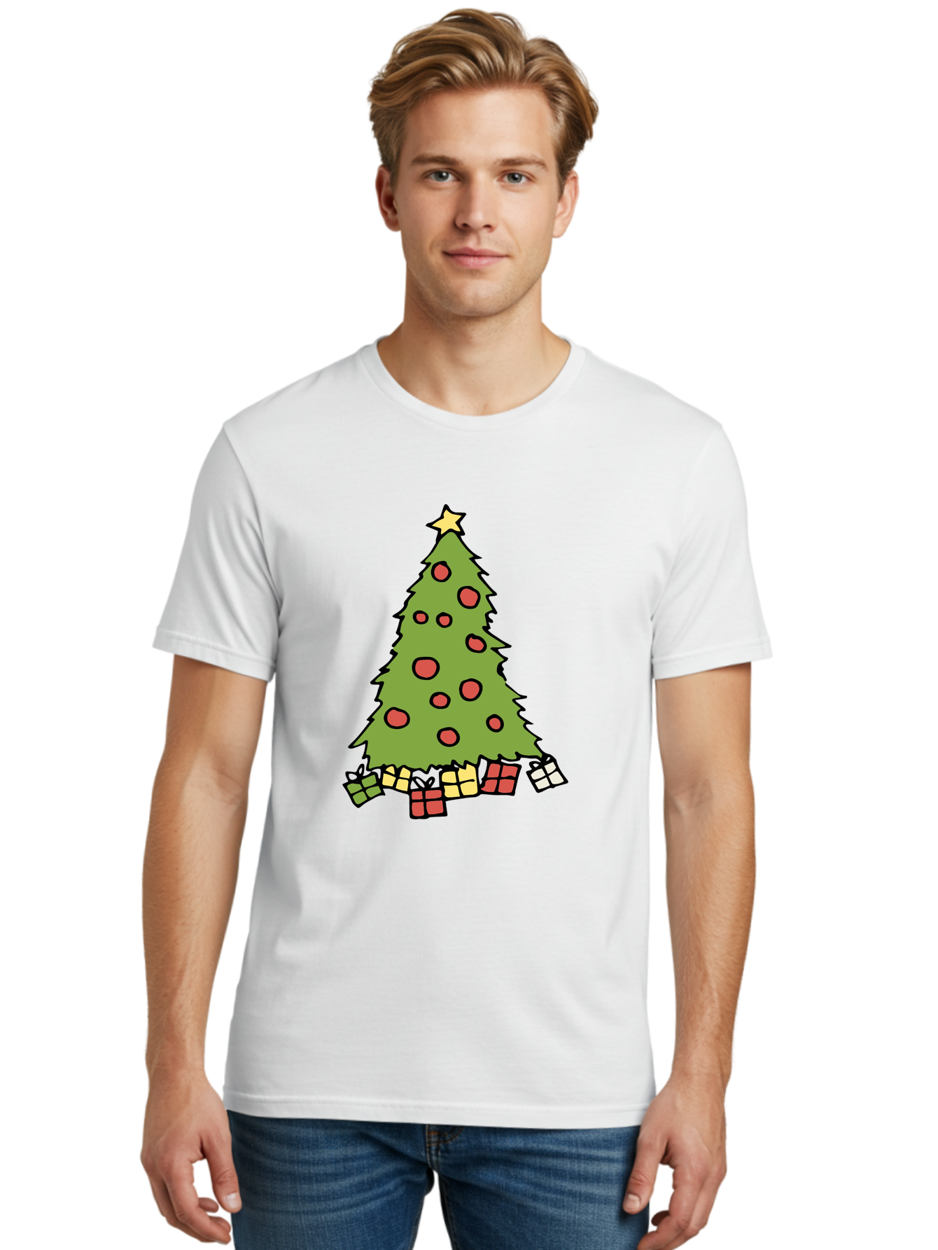 Christmas-Tree-3 Men'S Graphic Tee, 100% Cotton, Comfortable Casual Summer Wear, Machine Washable, Christmas Tree, Red Ornaments, Festive Decorations, Wrapped Gifts, Holiday Season, Joyful Atmosphere, Cartoon Style, Golden Star, - Aaa824