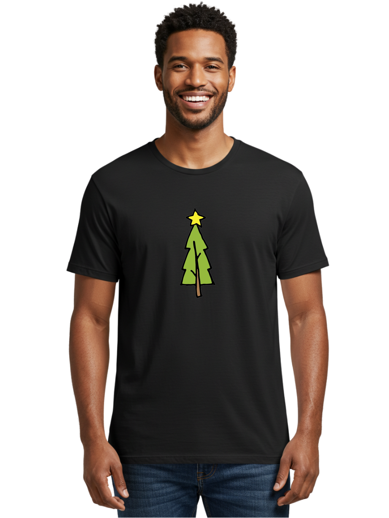 Christmas-Tree-4 Men'S Graphic Tee, 100% Cotton, Comfortable Casual Summer Wear, Machine Washable, Christmas Tree, Festive Season, Holiday Decorations, Star Topper, Cartoon Style, Simple Design, Green Tree, Yellow Star, Winter Wonderland, - Aaa825